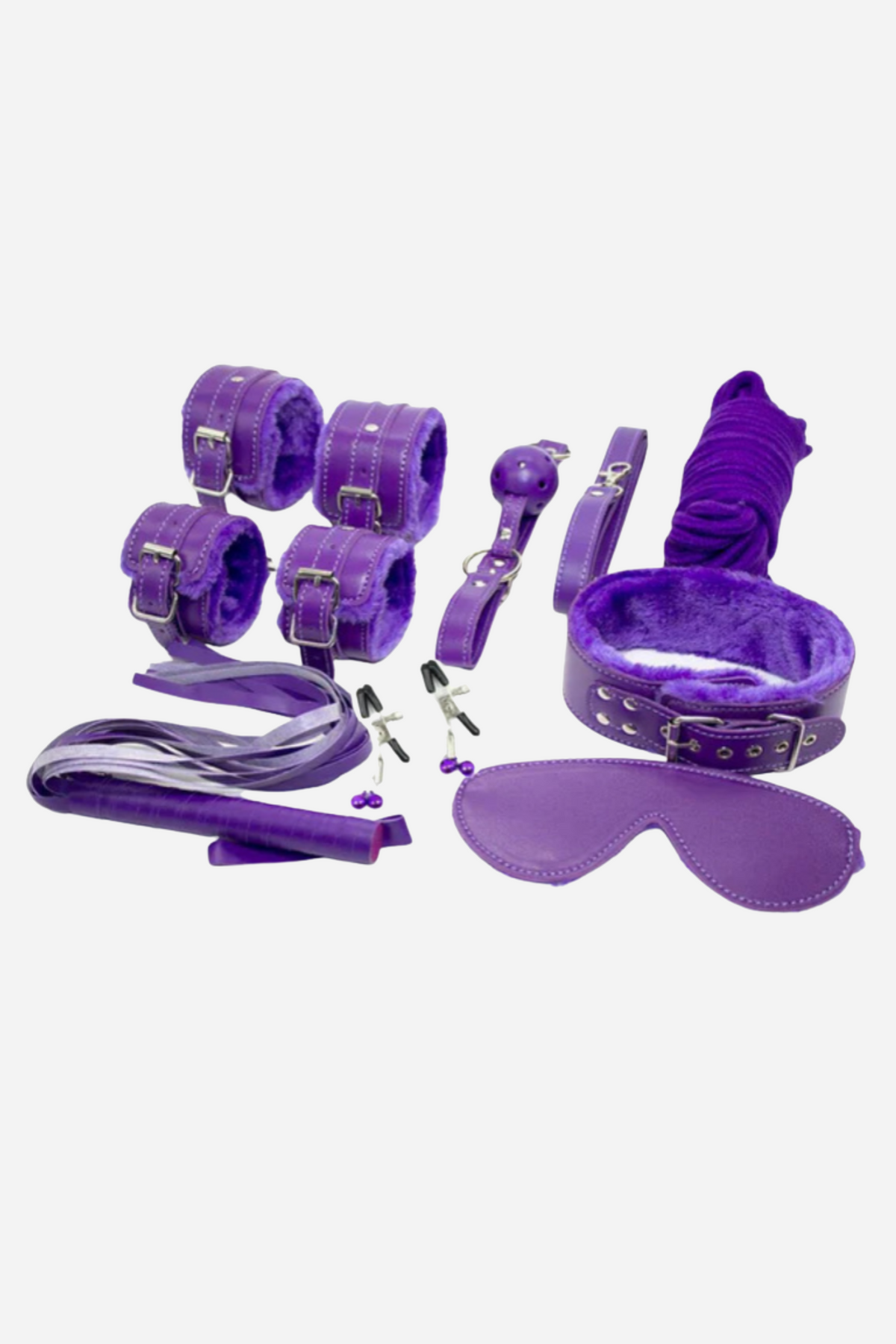 The same beginners bondage kit in purple, laid out flat with cuffs, a collar, a blindfold, clamps, a feather tickler and a ribbed vibrator.