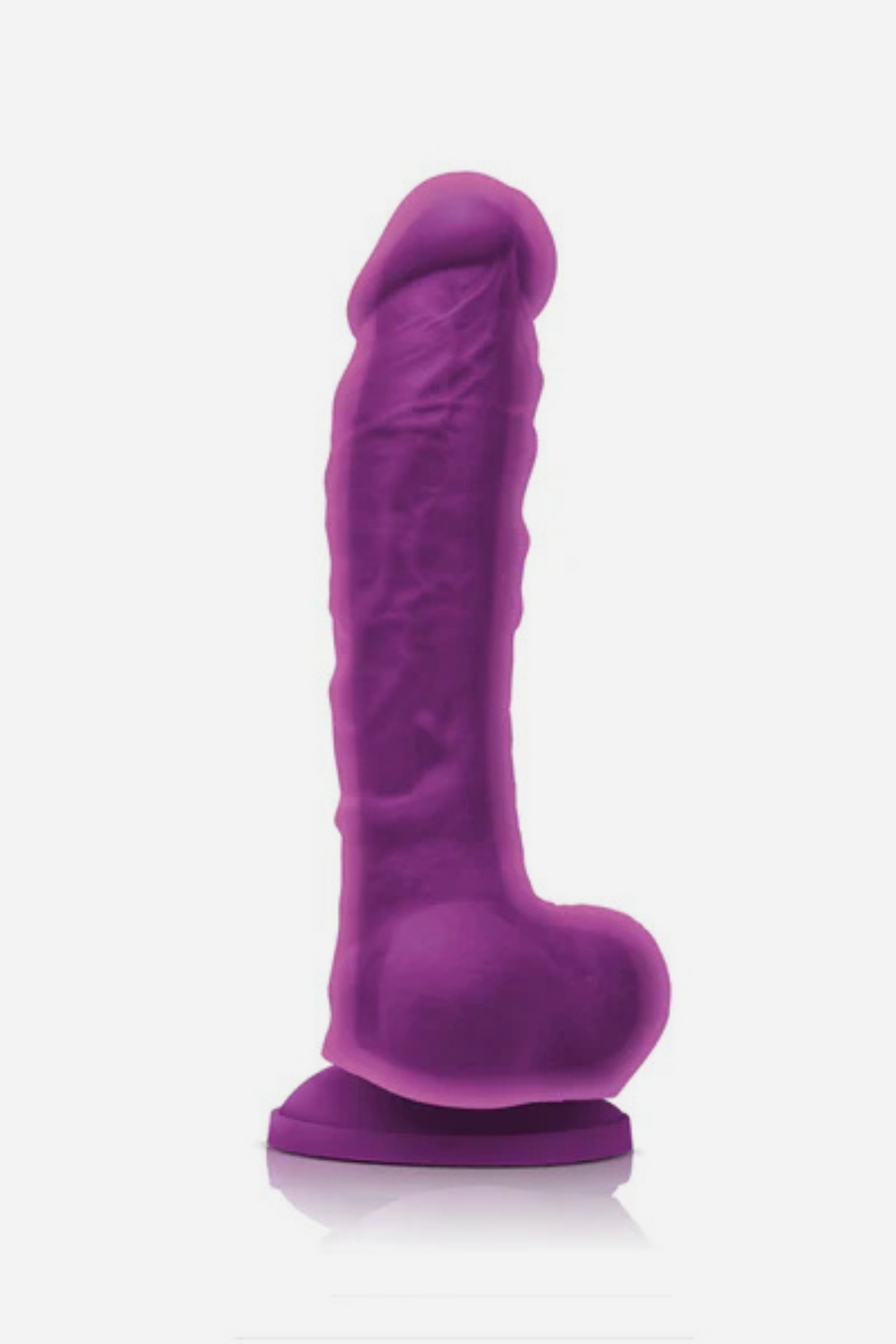 Pleasures 8 inch dual density dildo in purple with a firm core, soft lifelike outer layer, veined shaft and suction cup base, shown on a grey background