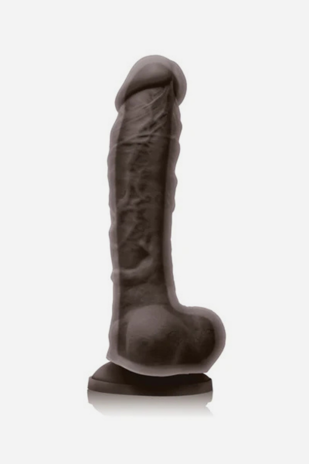 Pleasures 8 inch dual density dildo in chocolate skin tone with a firm core, soft lifelike outer layer, veined shaft and suction cup base, on a grey background