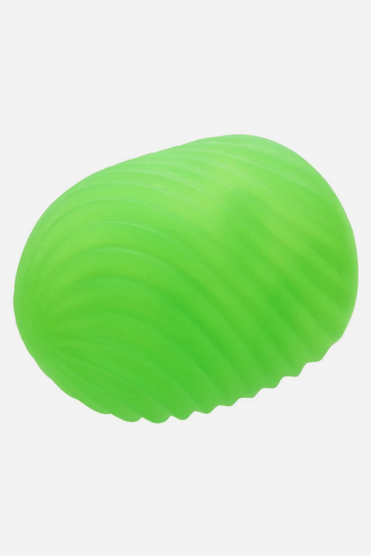 Neon green Pop Sock Textured Stroker lying on its side, showing the rounded closed end that helps create extra suction during use