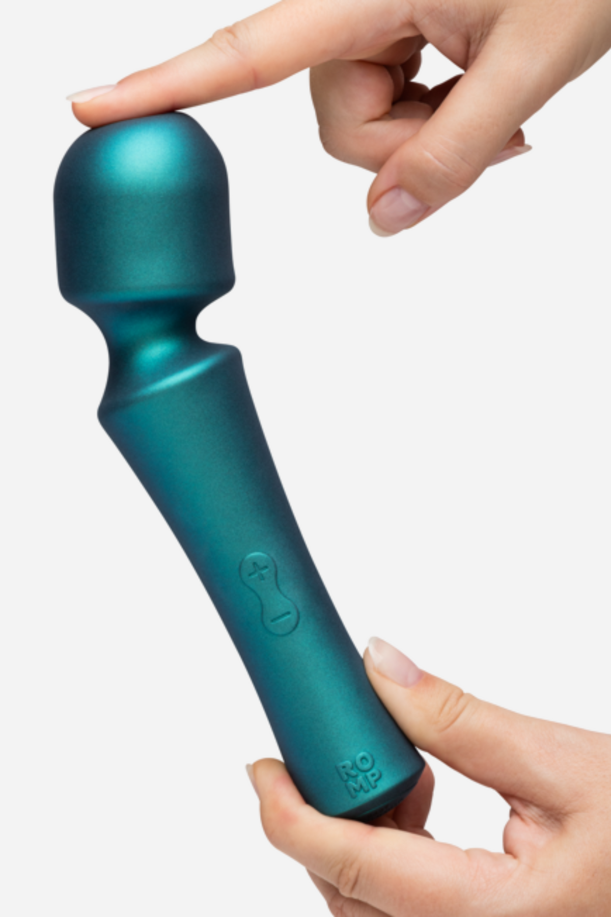 Romp Presto powerful mini wand in teal held between two hands, a finger pressing the rounded flexible head, on a light grey background