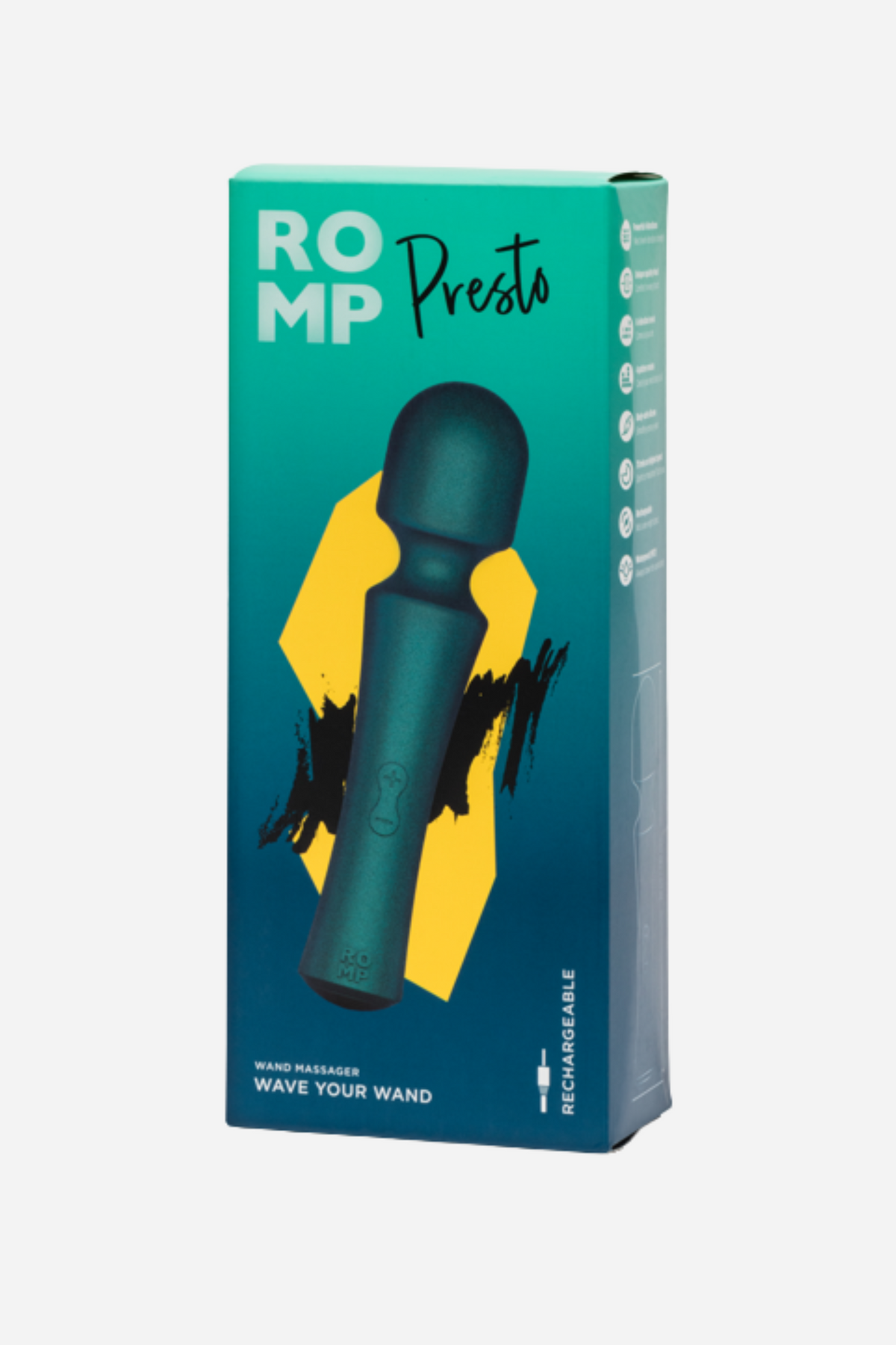 Romp Presto powerful mini wand retail box in teal and yellow showing the wand on the front of the packaging, on a light grey background