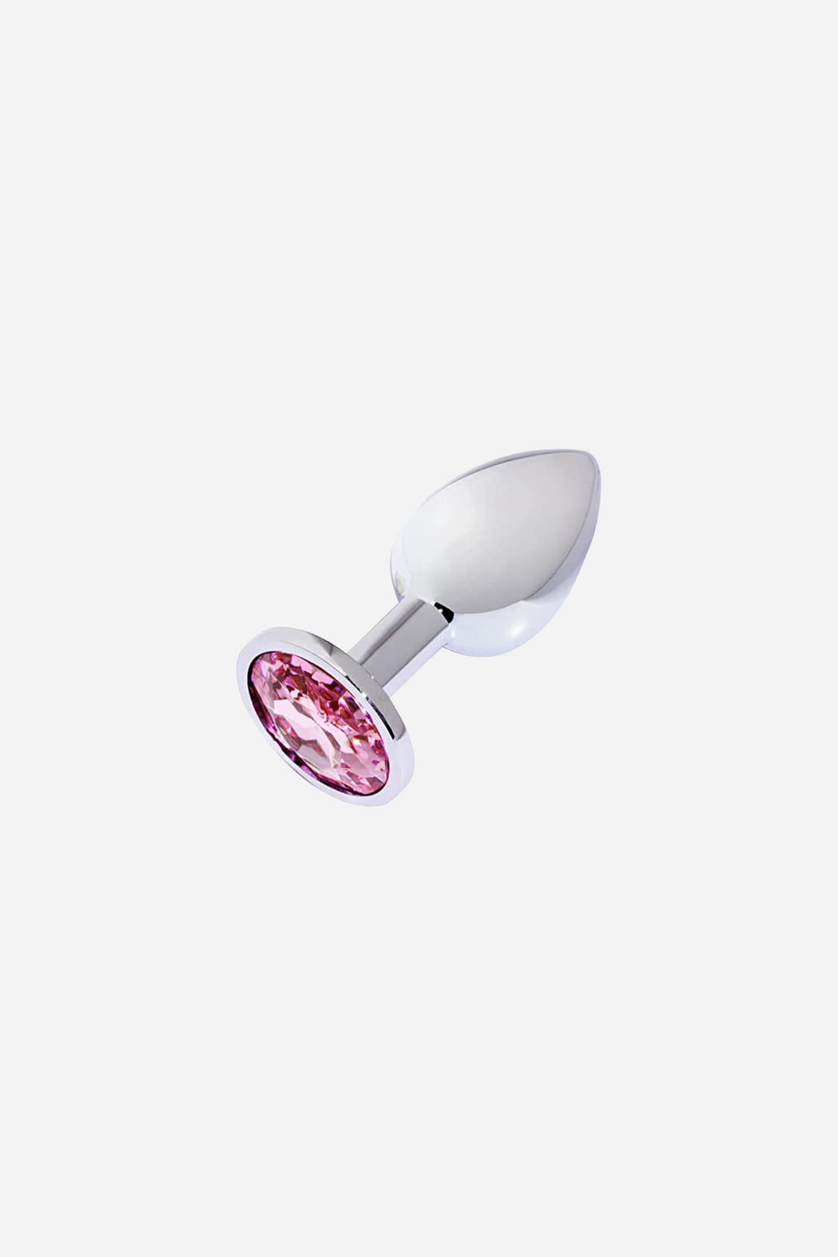 Pretty Princess Butt Plug with a light pink gem base, lying at an angle to show the smooth silver teardrop bulb and narrow stem