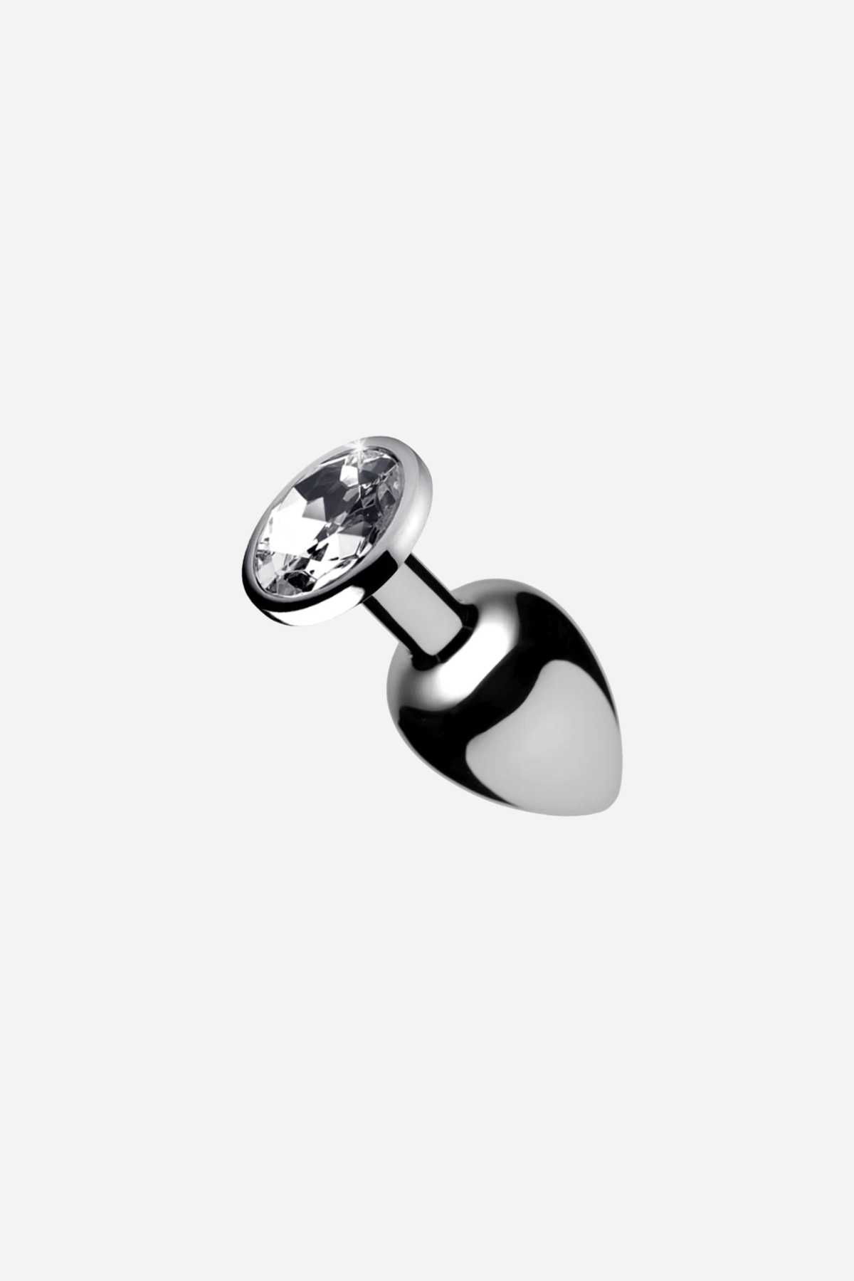 Pretty Princess Butt Plug with a clear crystal gem base, angled to show the polished chrome bulb and the faceted, sparkling jewel