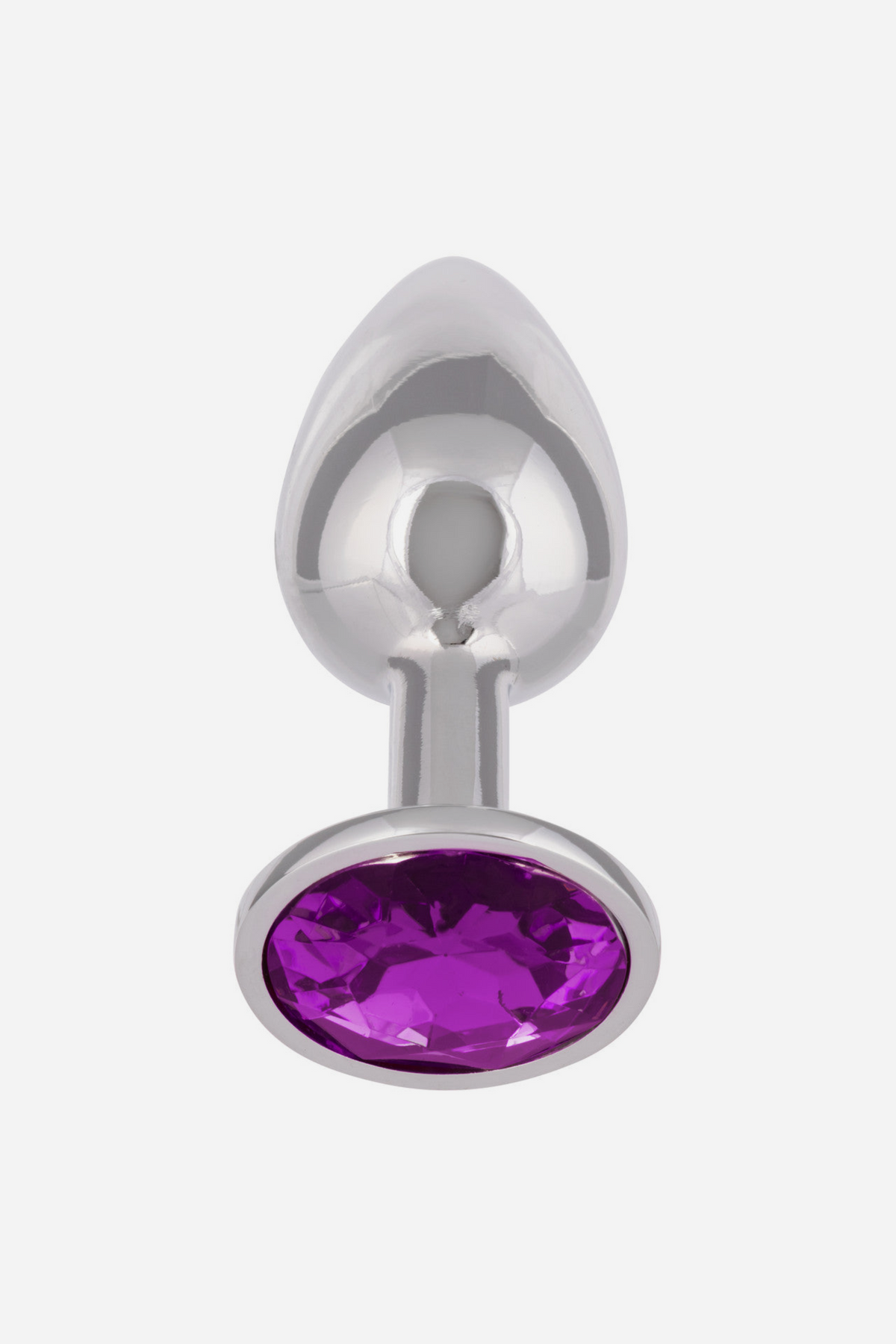 Front view of the Pretty Princess Butt Plug with a deep purple oval gem set in the polished silver base below the tapered bulb