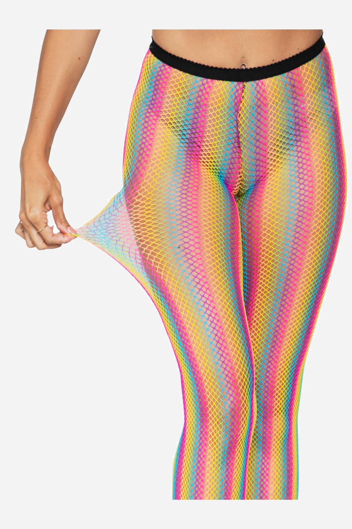 Close up of the rainbow fishnet tights with a hand stretching the mesh away from the thigh to show the fine diamond knit and stripes