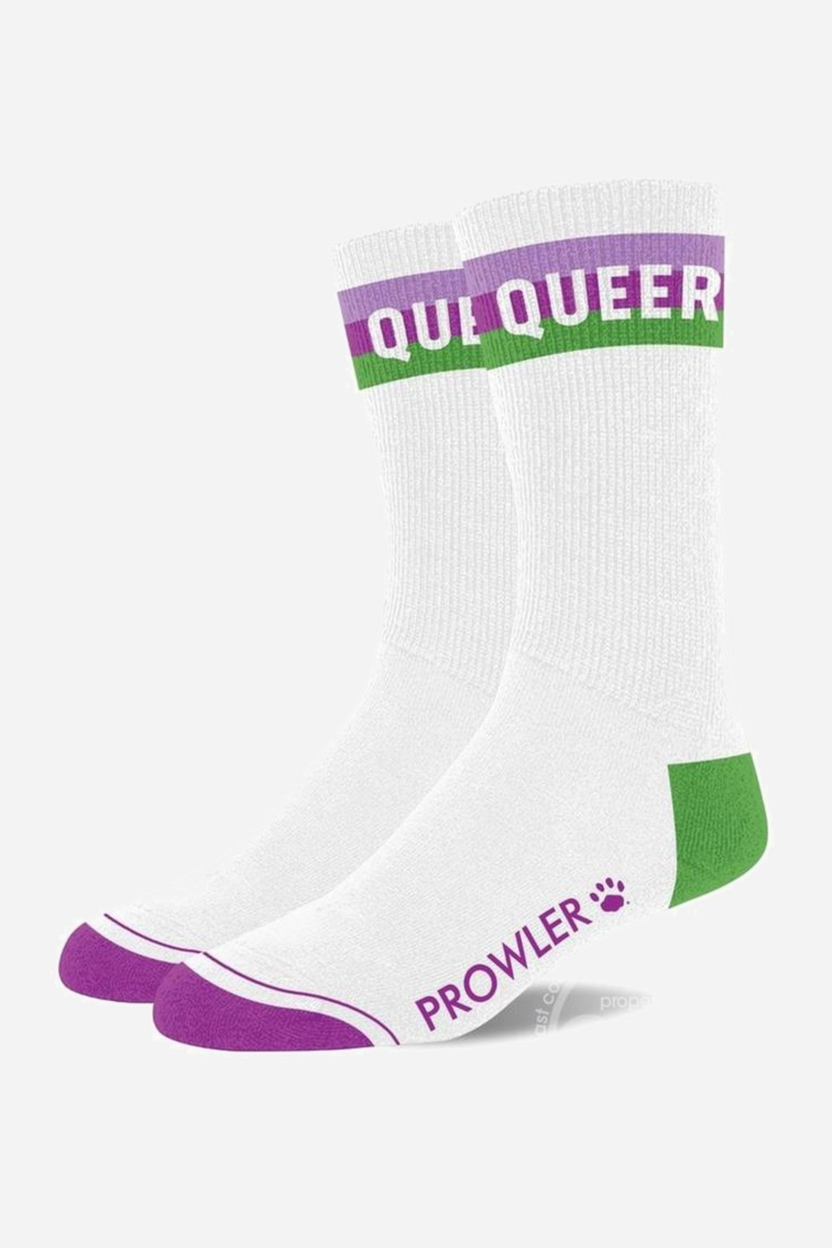 White Prowler crew socks with a lavender, white and green genderqueer stripe at the cuff reading QUEER, purple toes and a green heel.