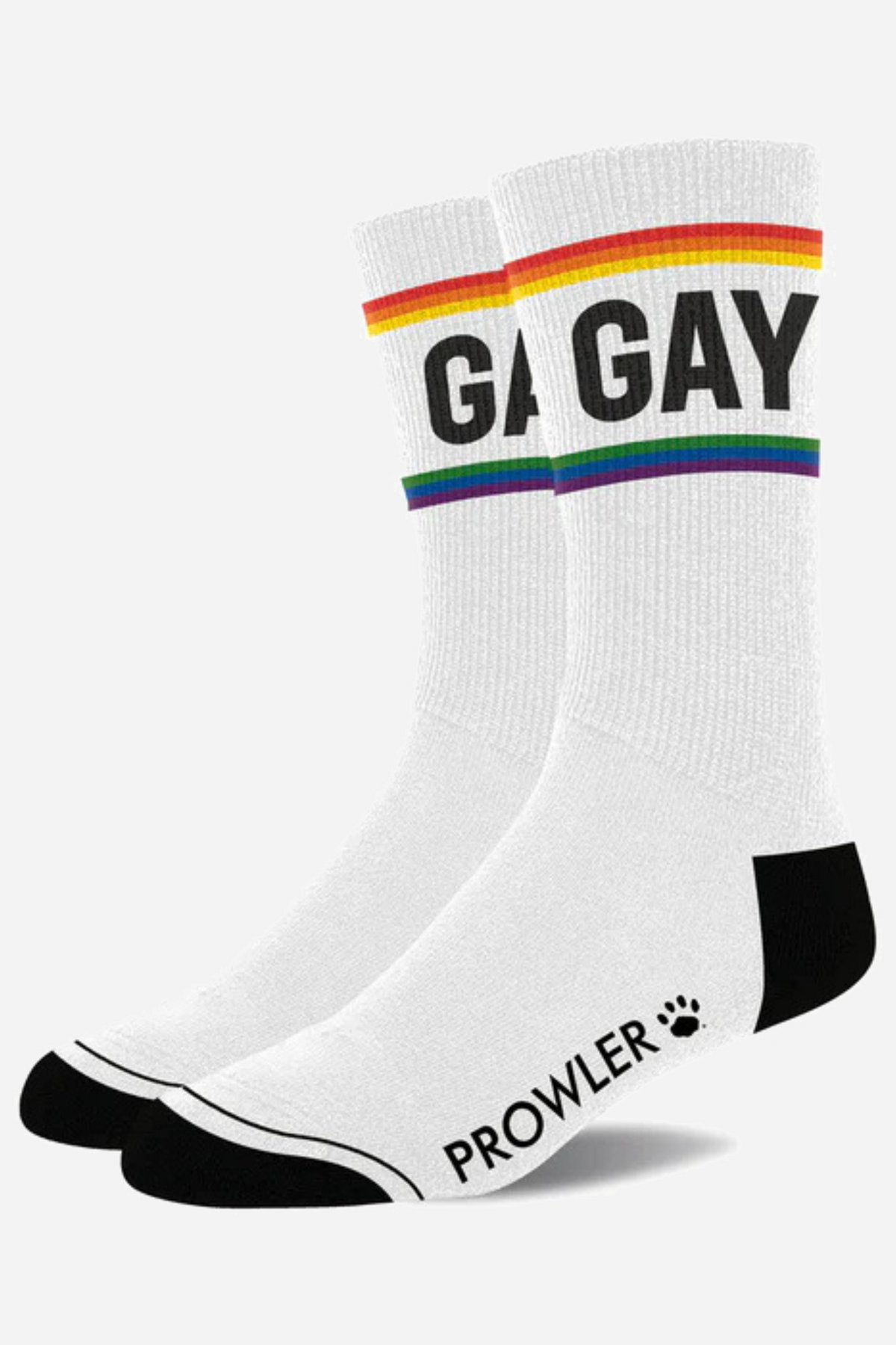 White ribbed crew socks with GAY across the shin in black on rainbow stripes, black heel and toe, and the Prowler paw logo on the foot