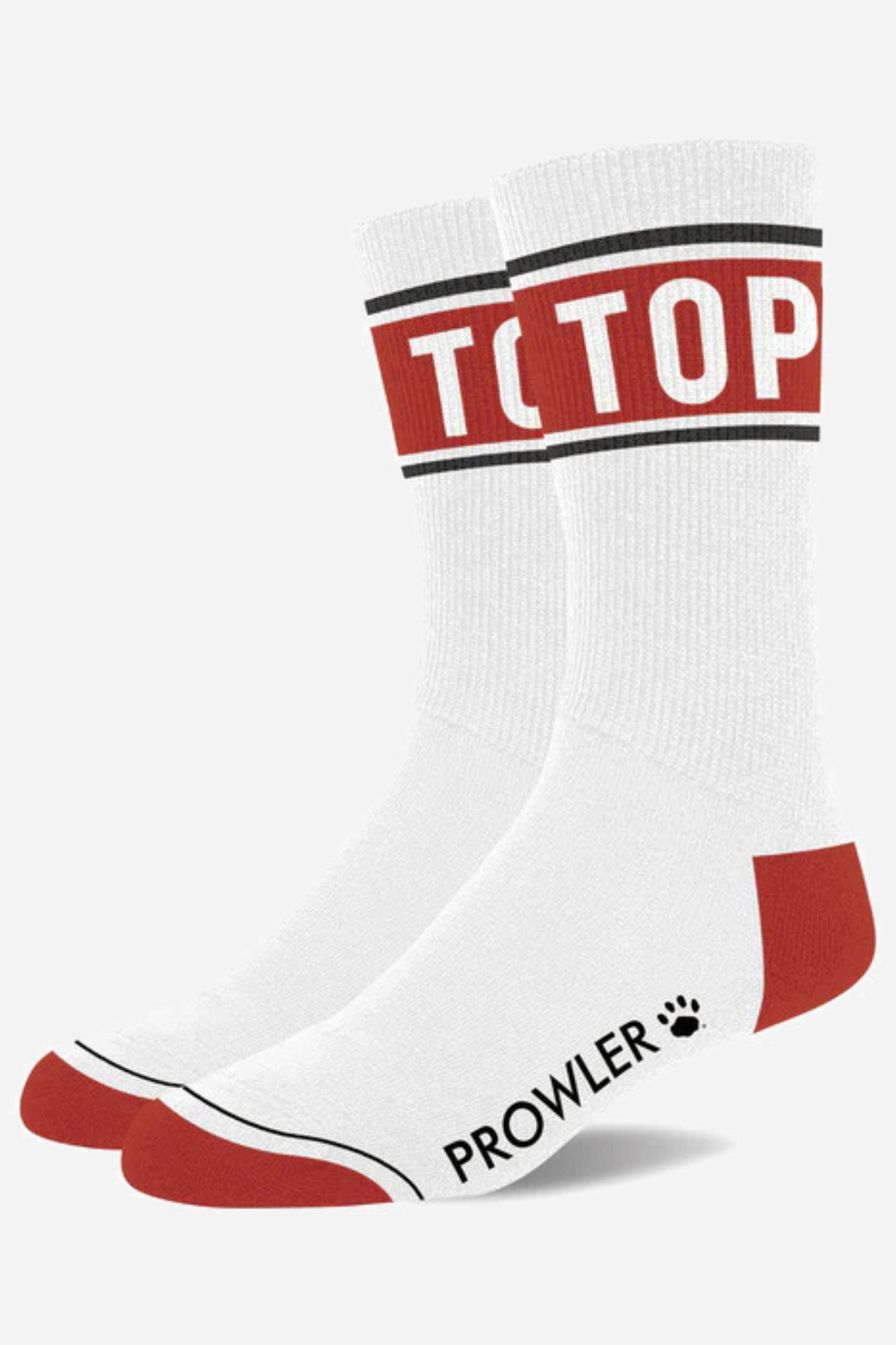 White ribbed crew socks with a red TOP block across the shin, red heel and toe, and the Prowler name and paw print along the foot