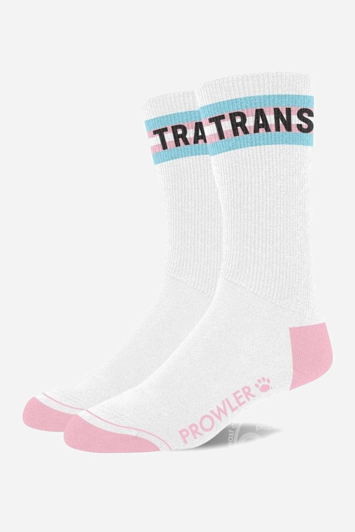 White Prowler crew socks with pale blue and pink trans pride stripes at the cuff reading TRANS, pink toe caps and pink heel panels.