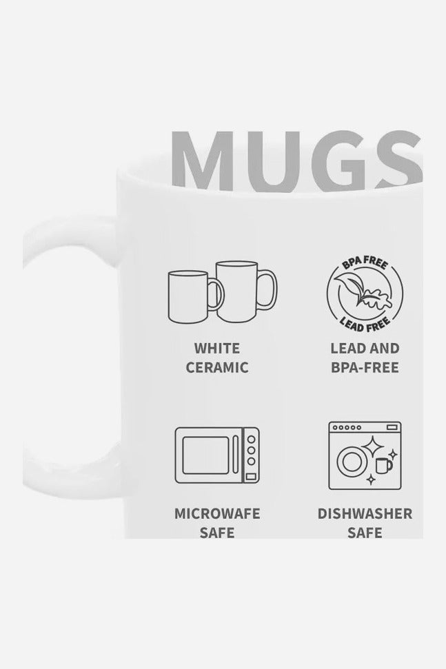 Plain white ceramic mug spec graphic with icons noting the mugs are white ceramic, lead and BPA free, microwave safe and dishwasher safe