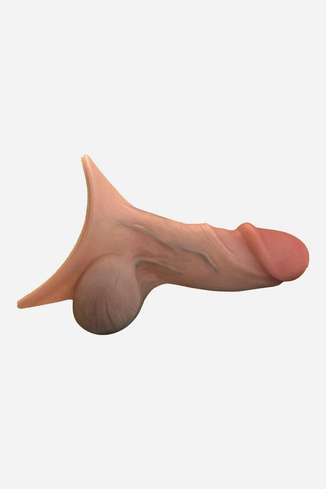 Side view of the Realistic 4.5 inch STP device in Caramel, a silicone stand-to-pee packer with vein detail and a funnel base