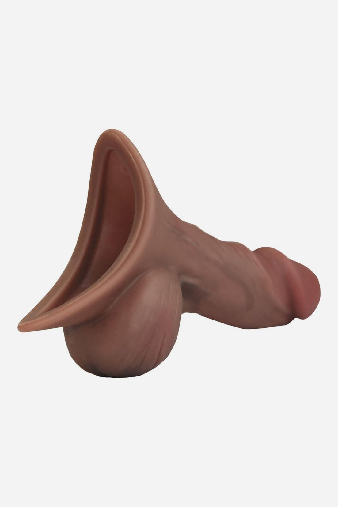 Angled view of the Dark Caramel Realistic STP device showing the deep oval funnel opening and realistic shaft, on light grey