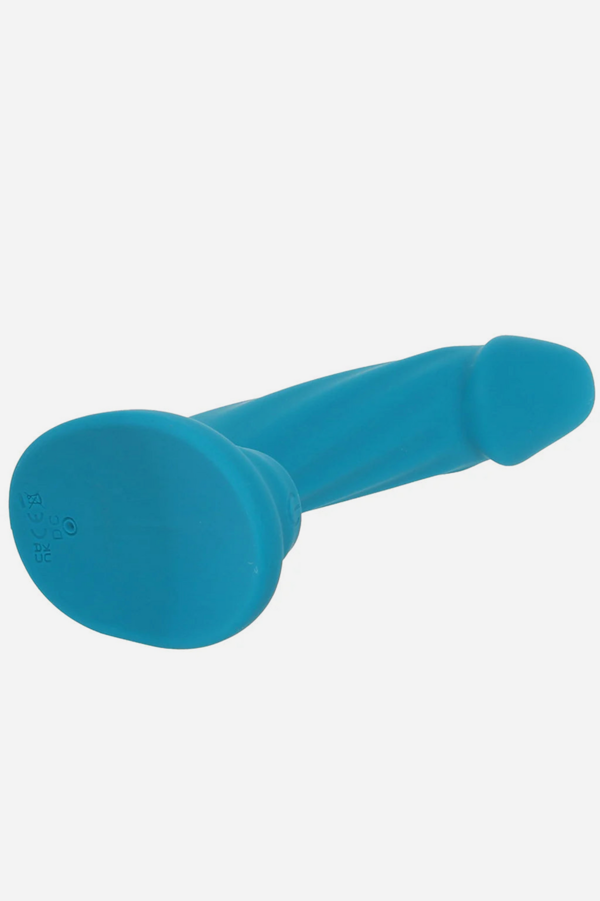 Ride Me vibrating dildo in Teal lying on its side, showing the flat suction cup base and textured shaft on a light grey background