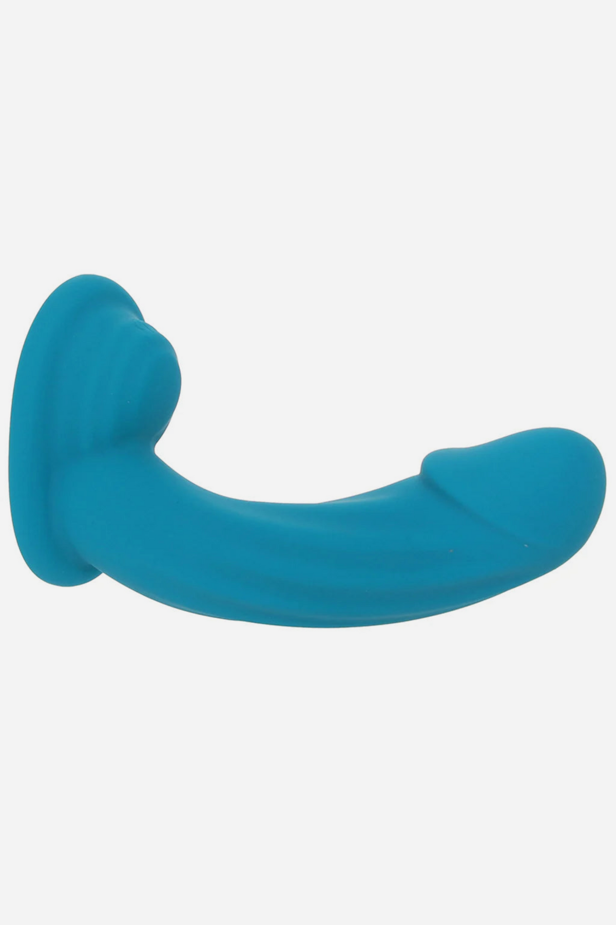 Ride Me vibrating dildo in Teal lying on its side, showing the swollen external clit hump and curved shaft on a light grey background