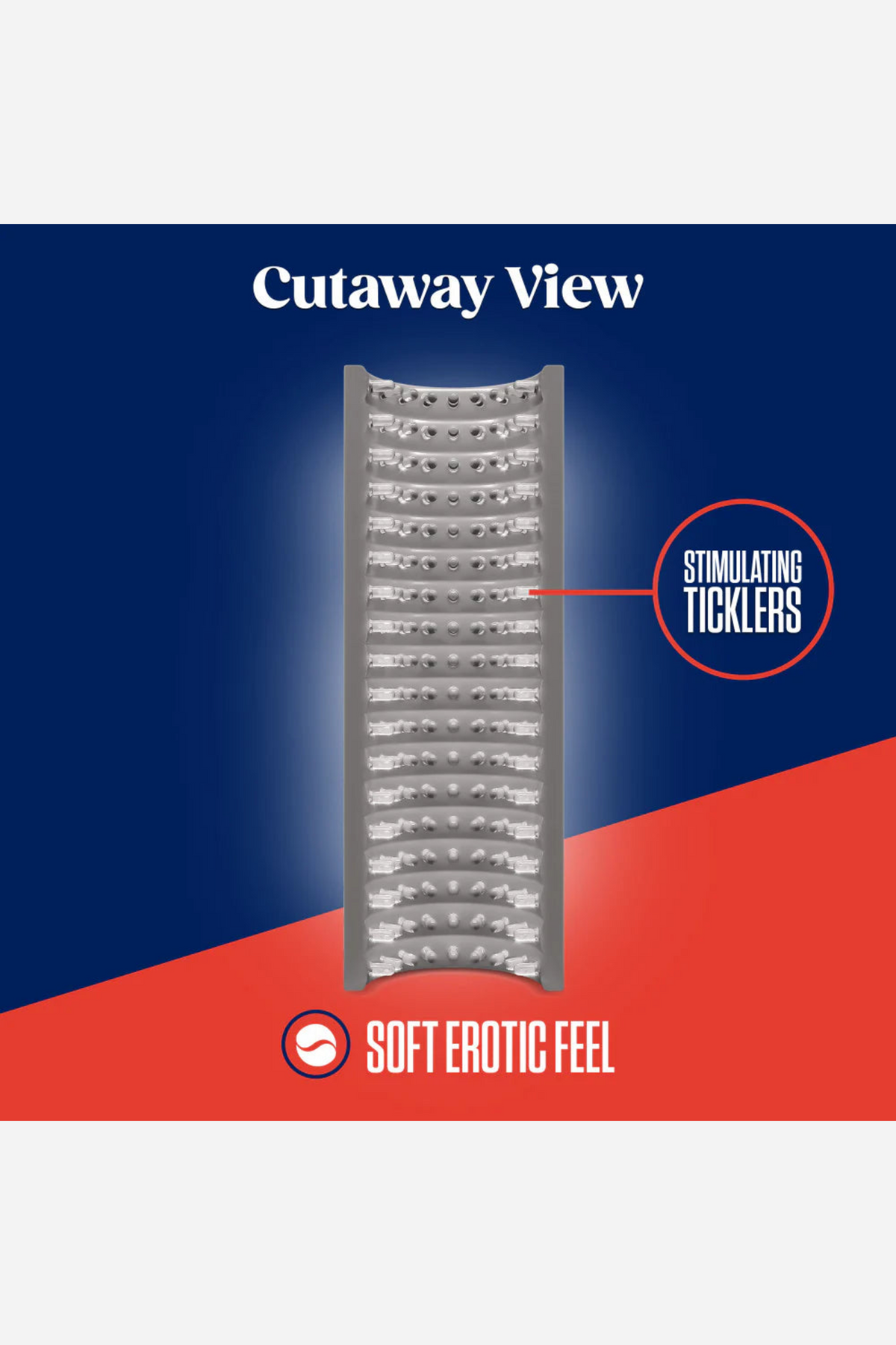 Navy and red cutaway diagram of the Strokez sleeve, sliced lengthwise to show the textured canal running through the clear barrel.