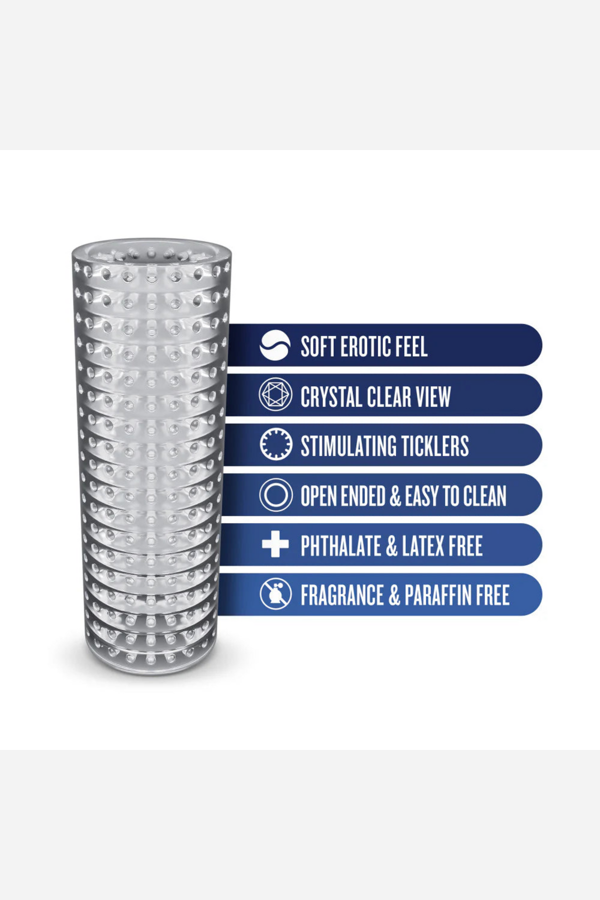 Specification panel for the Strokez sleeve listing its material, length, canal size, firmness and care details in blue labelled chips.