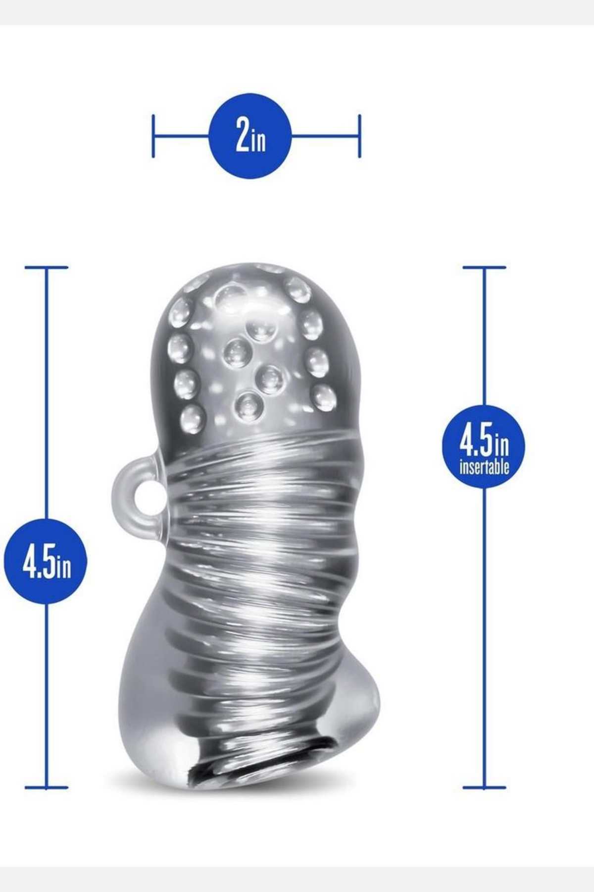Technical line drawing of the Squeezy stroker on white with marked measurements for its overall length and internal canal diameter.