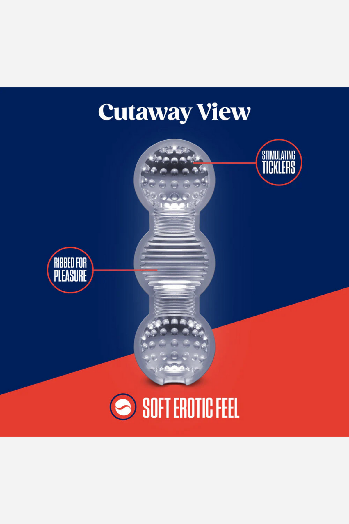 Navy and red cutaway diagram of the Feelz stroker, cut lengthwise to reveal the chambers shaping its two bulbs from the inside.