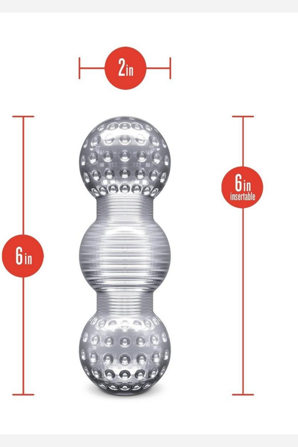 Technical line drawing of the Feelz stroker on white with marked measurements for its overall length and internal canal diameter.