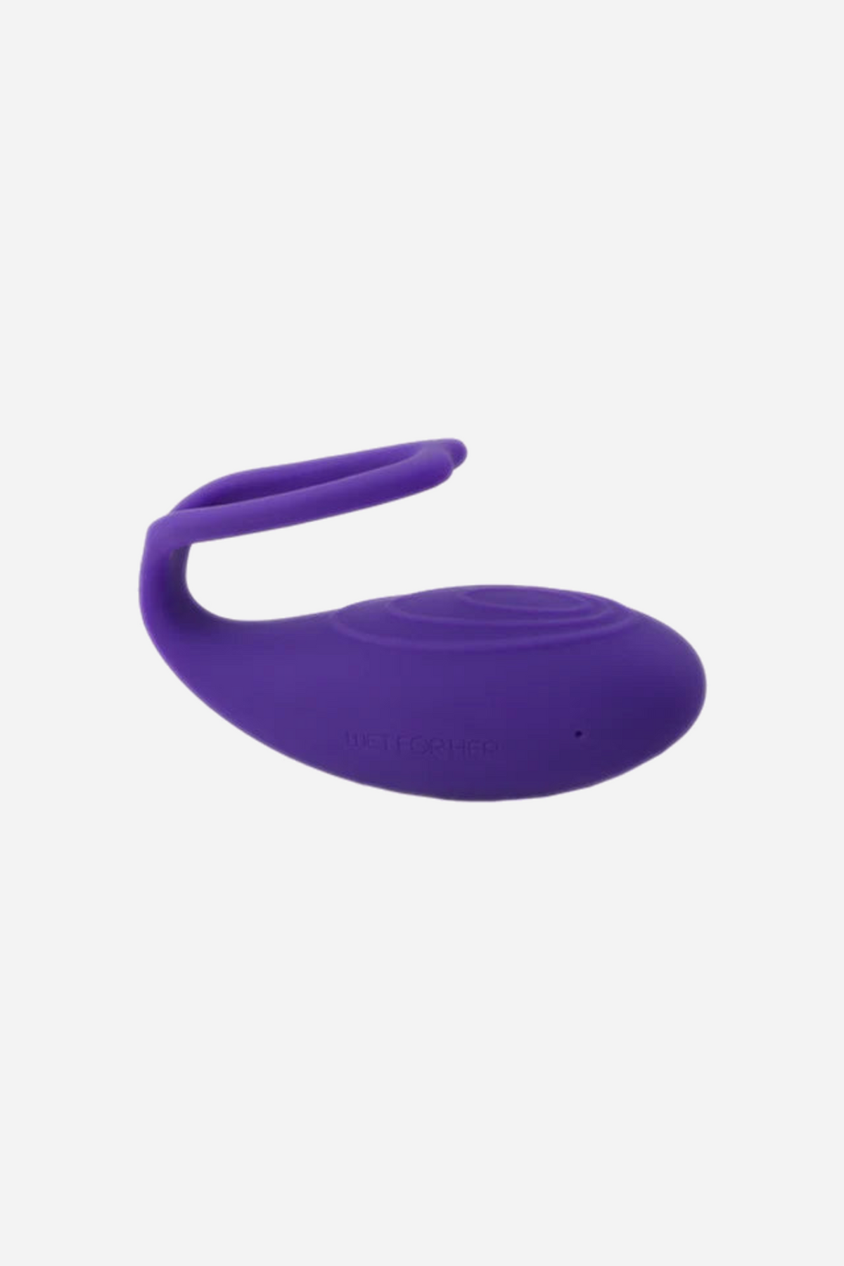Rockher Wearable Scissoring Vibrator 2.0 in purple, showing the curved textured bulb and slim vibrating silicone ring for shared grinding, on a grey background