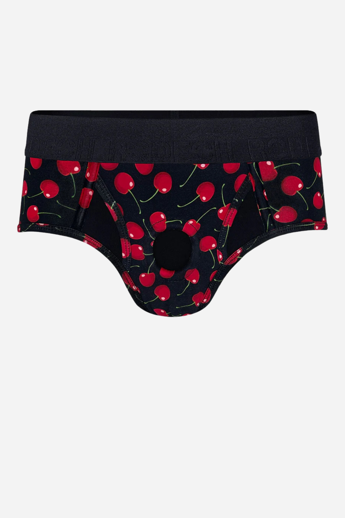 The RodeoH brief harness in a cherry print, black cotton briefs scattered with small red cherries and shown flat from the front.