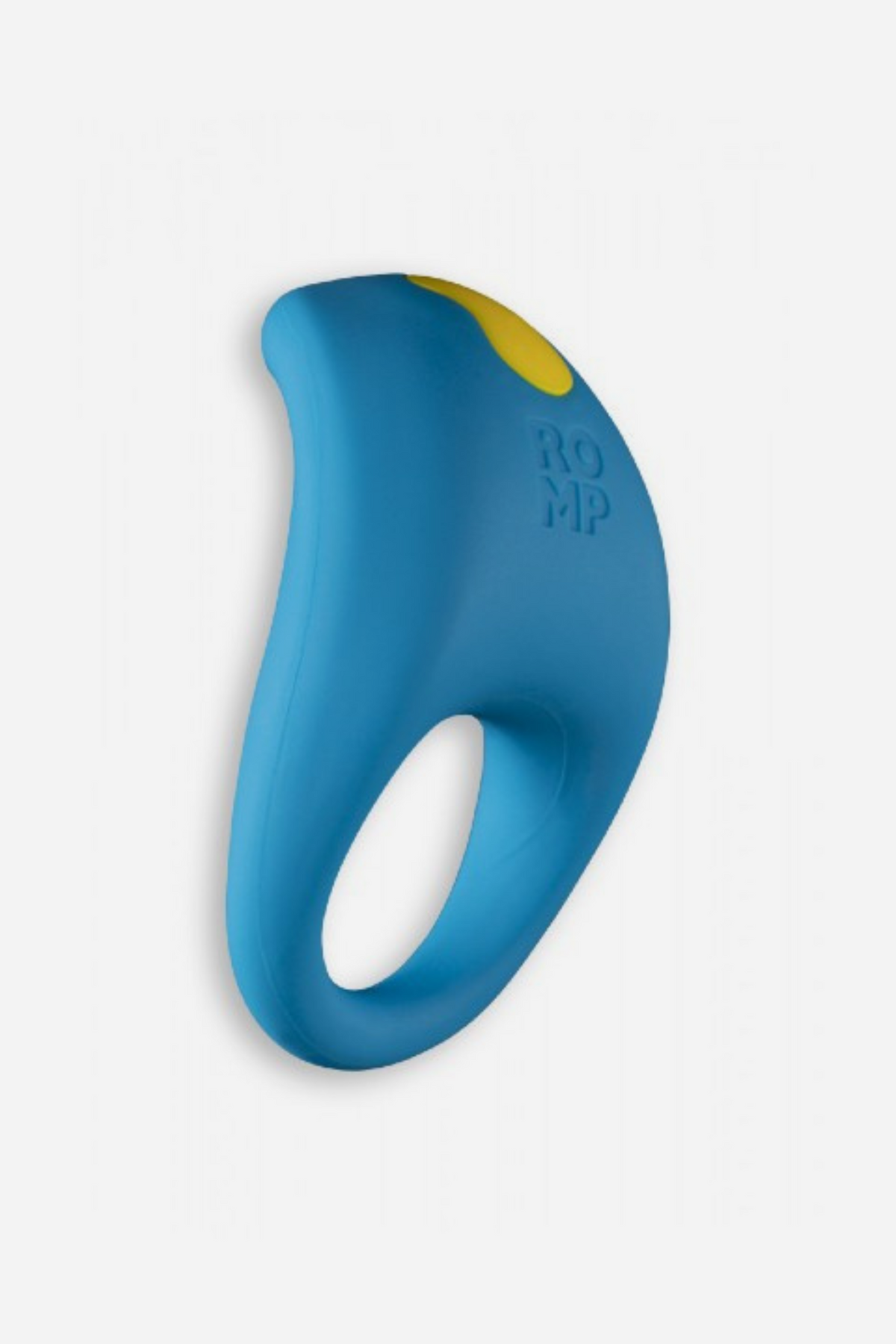 Romp Juke beginner's rechargeable vibrating C-ring in blue with a yellow button, offering 4 vibration levels and 6 speeds, on a grey background
