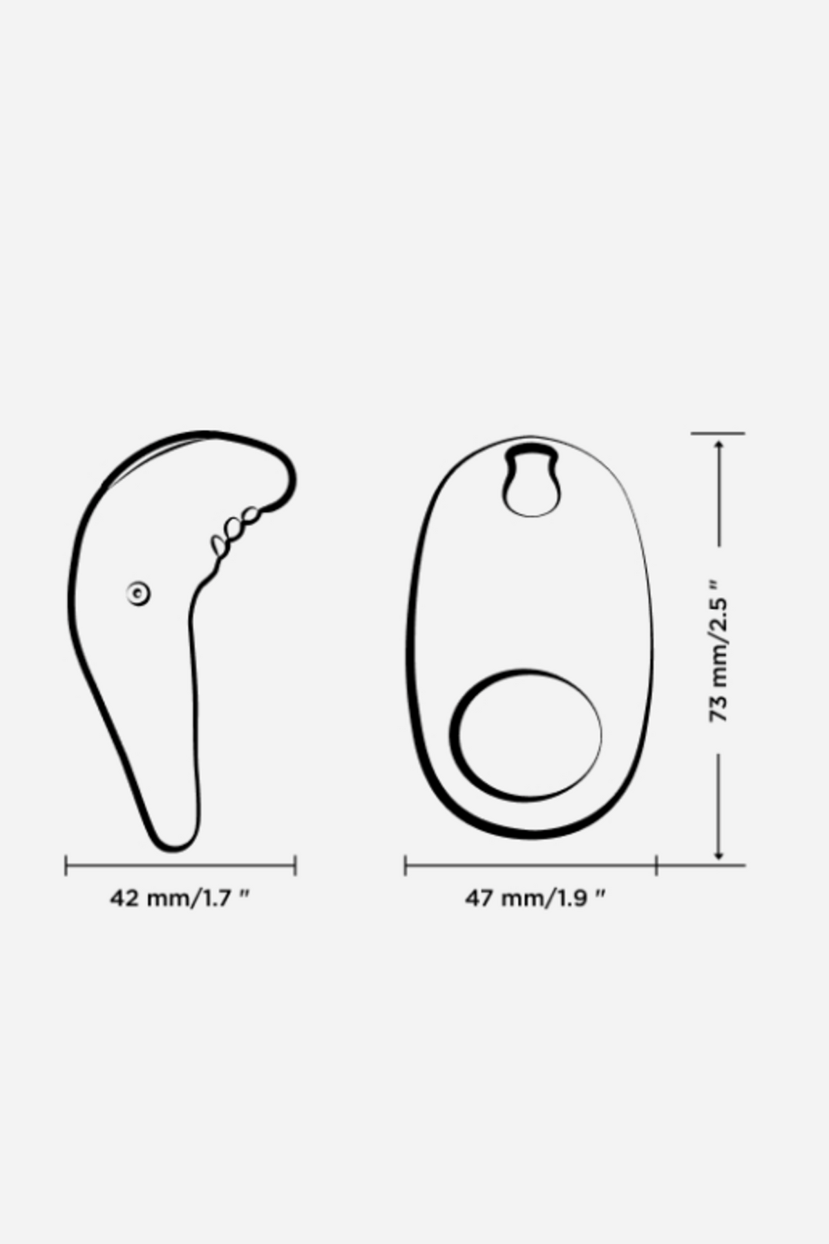 Line drawing of the Romp Juke vibrating C-ring in side and front views with dimensions of 73 mm tall, 47 mm wide and 42 mm deep, on a grey background