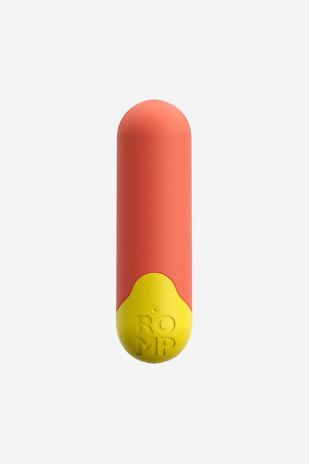 Romp Riot rechargeable bullet vibrator in coral with a yellow tip and embossed Romp logo, standing upright on a light grey background