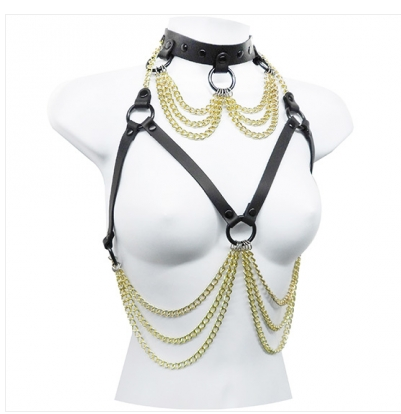 Chained Temptation Leather & Chain Bra Harness in Black & Gold