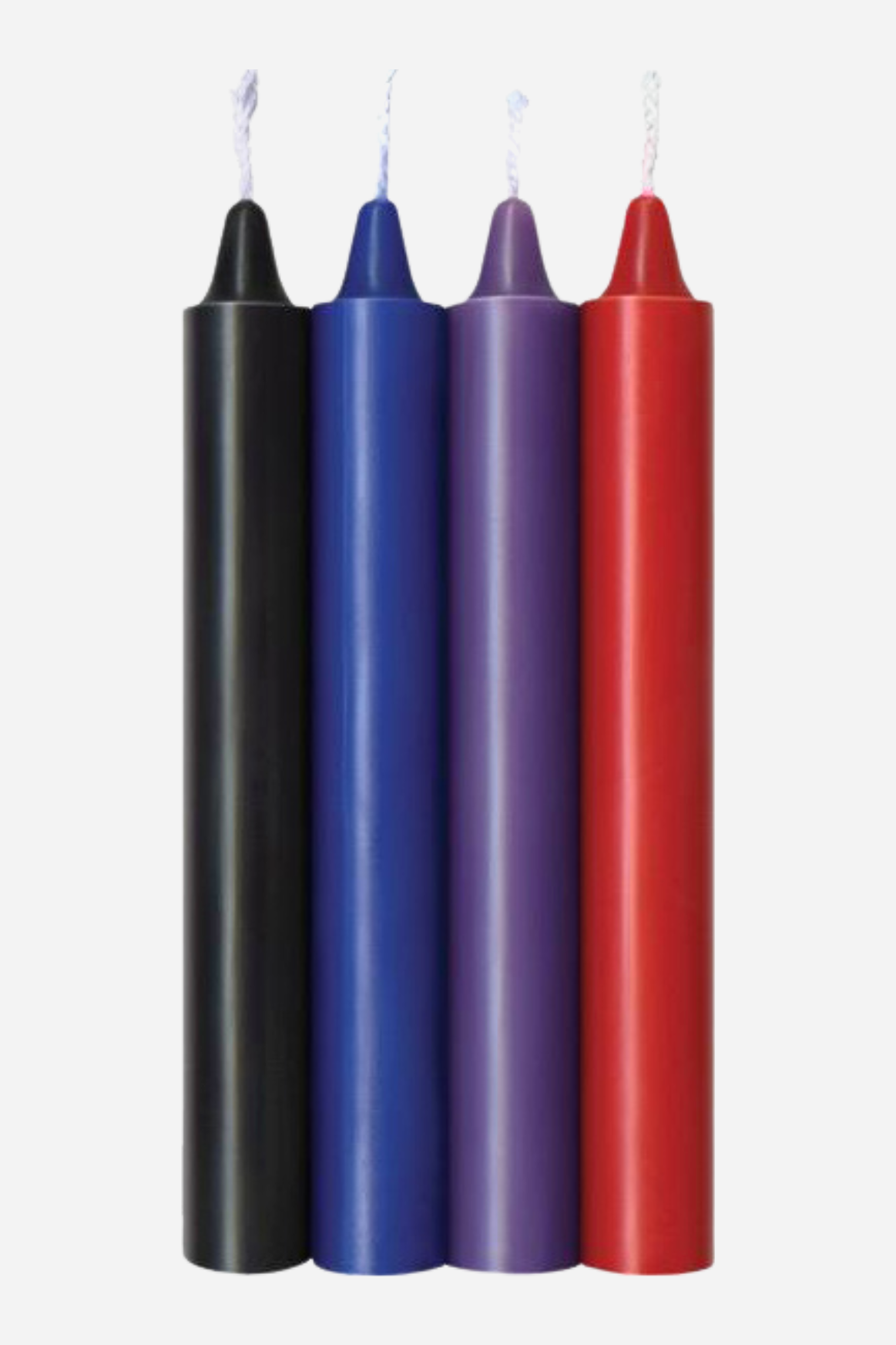 Passion Tones set of four tall taper wax play candles in black, blue, purple and red, standing side by side with their white wicks showing