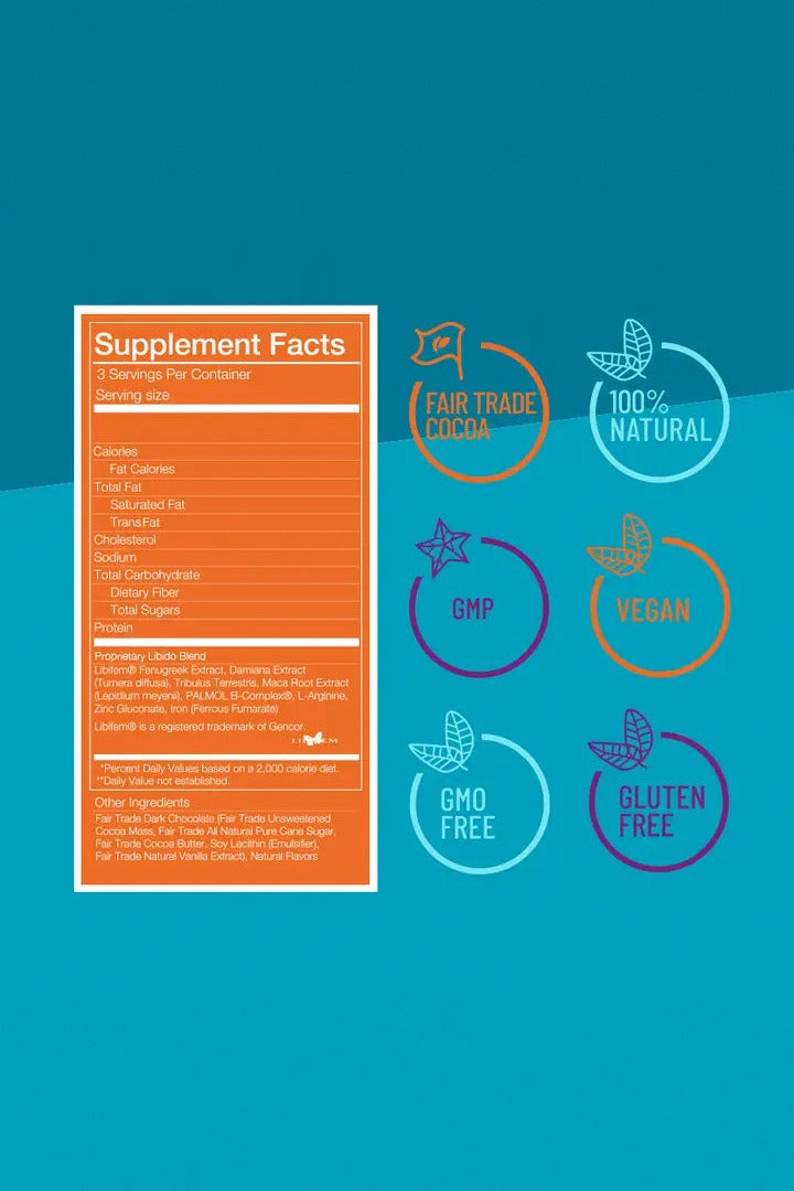 Sexy Chocolate supplement facts panel listing the LibiFem libido blend, with fair trade, vegan, GMO-free and gluten-free icons