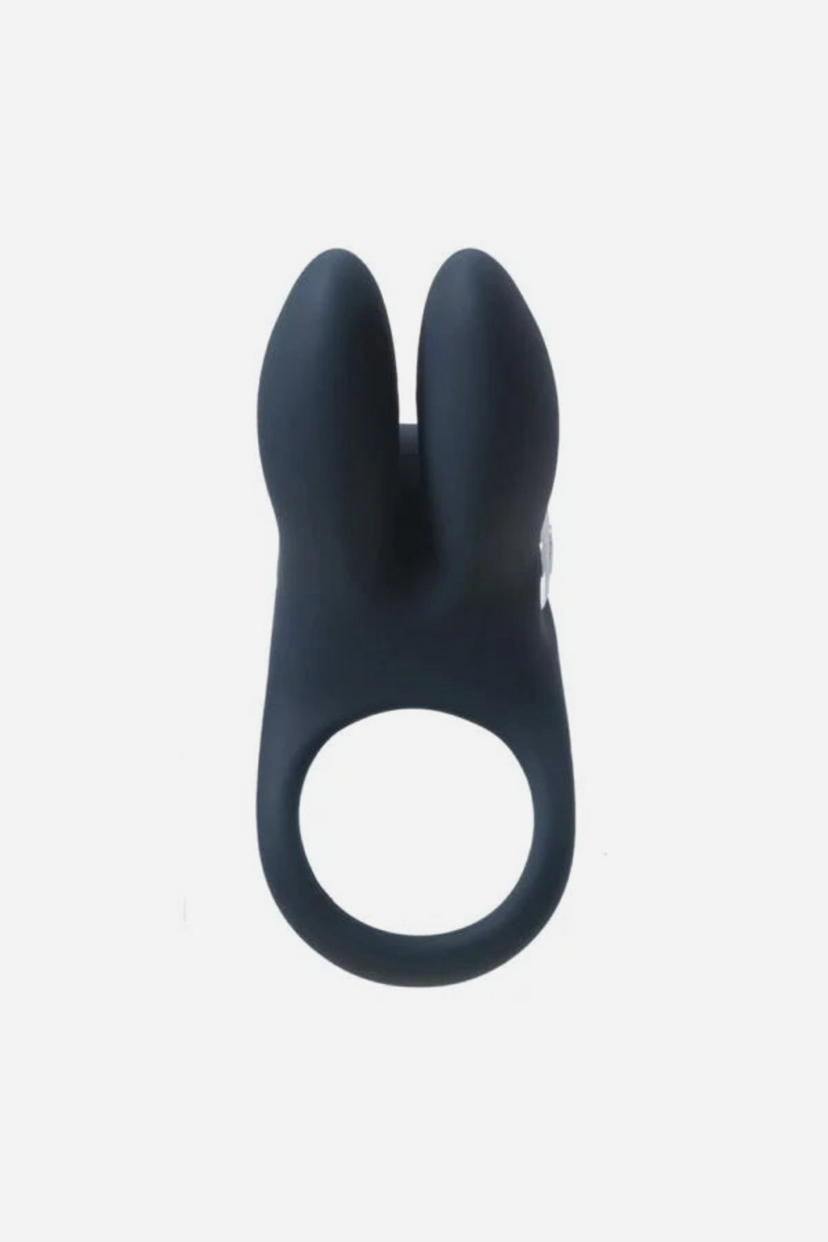Sexy Bunny rabbit ears vibrating cock ring in Black from the front, showing the stretchy ring and twin bunny-ear stimulator on light grey