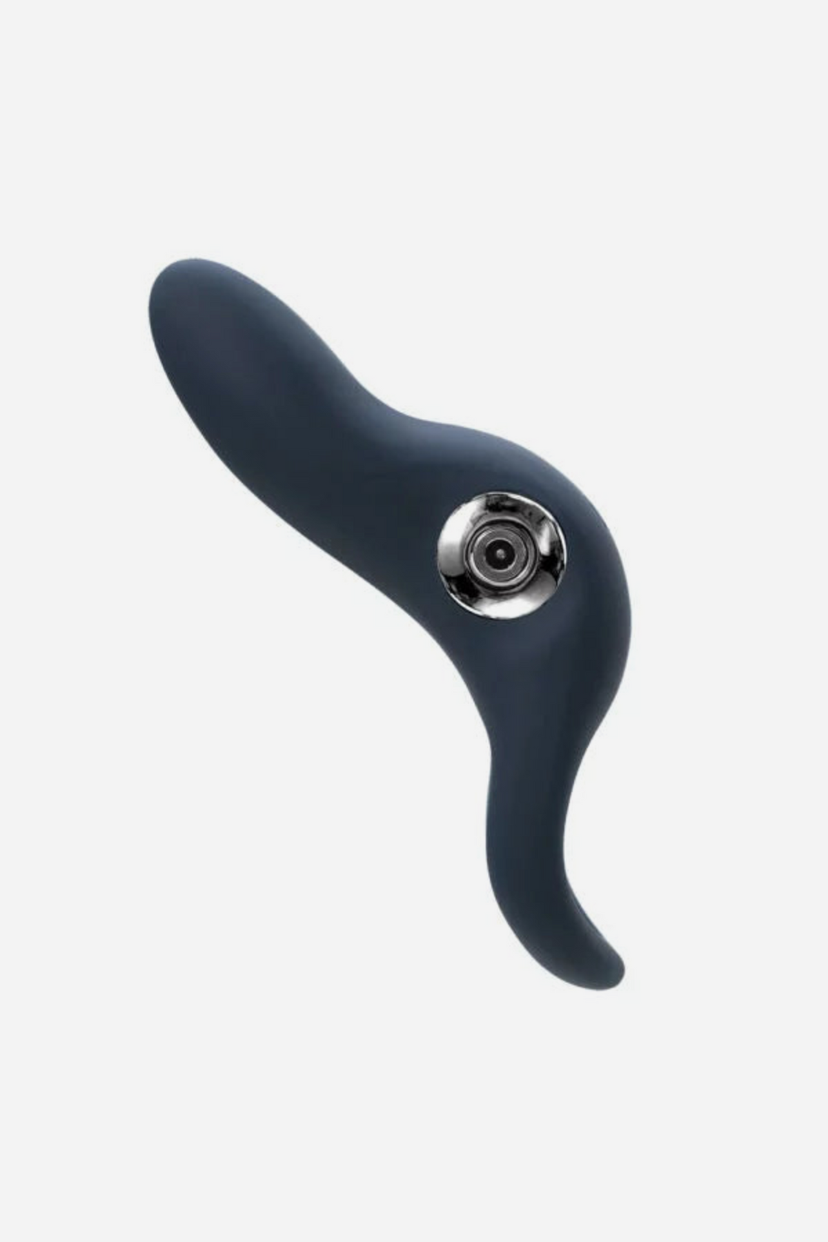 Side view of the Sexy Bunny vibrating cock ring in Black, showing the curved ears, ring profile and metallic control button on grey