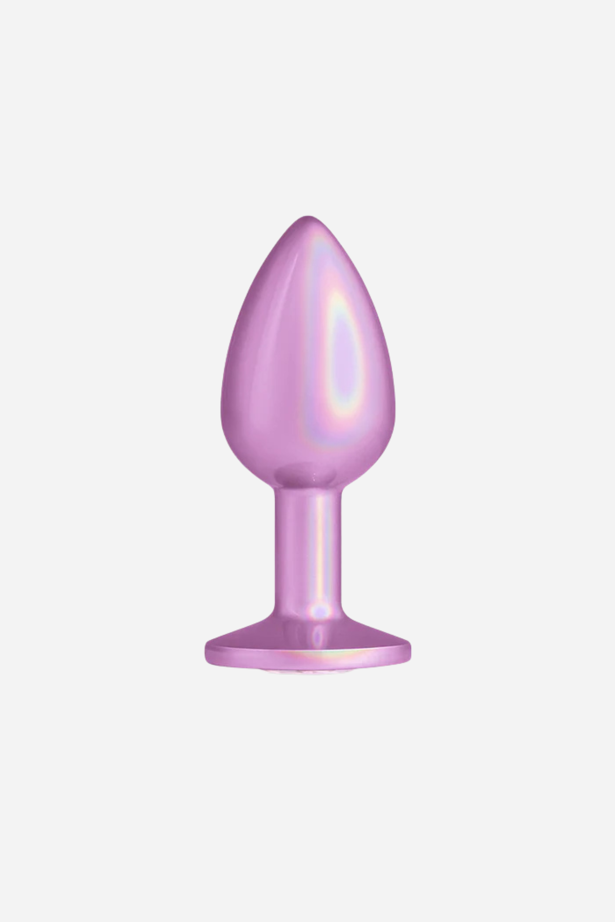 Shimmering Princess small butt plug in light pink, an iridescent metal plug with a tapered body, slim neck and round flared base.