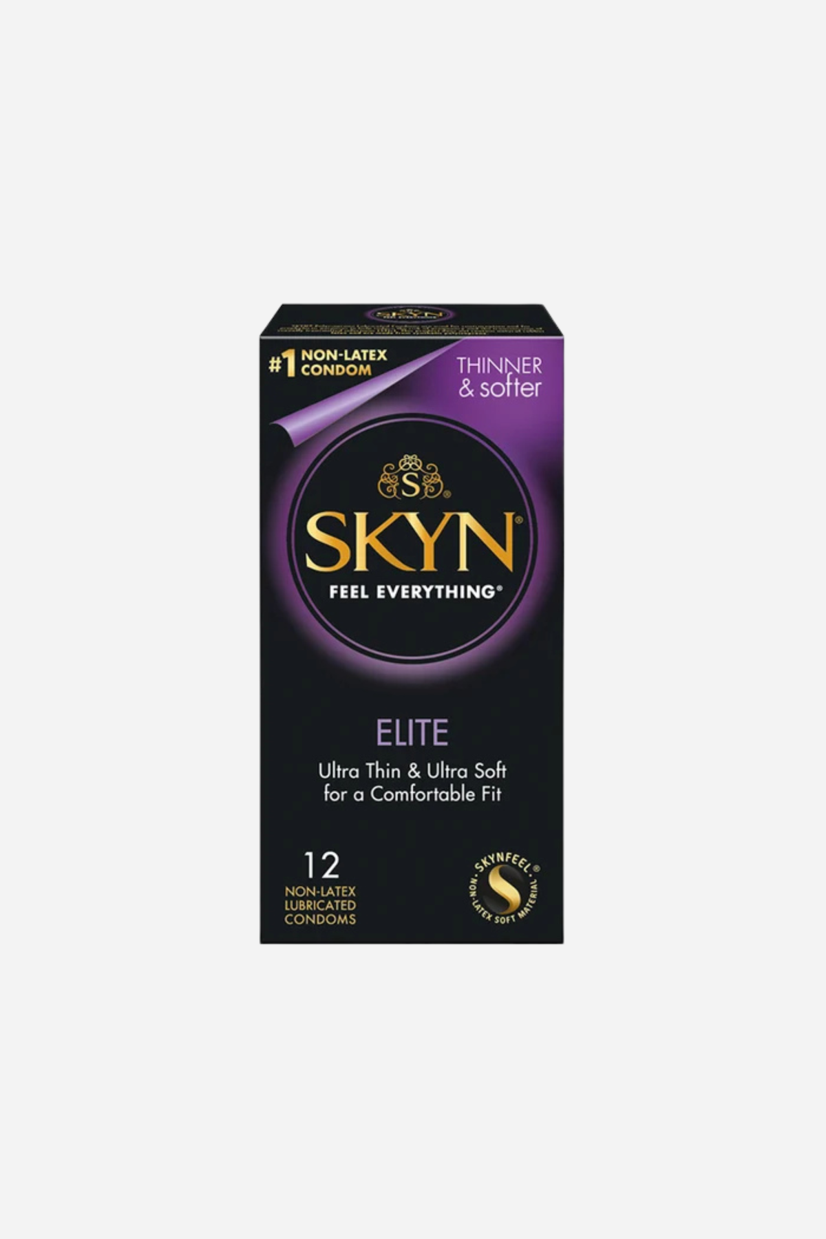 Black and purple 12-count box of Skyn Elite non-latex condoms labelled ultra thin and ultra soft for a comfortable fit, on light grey