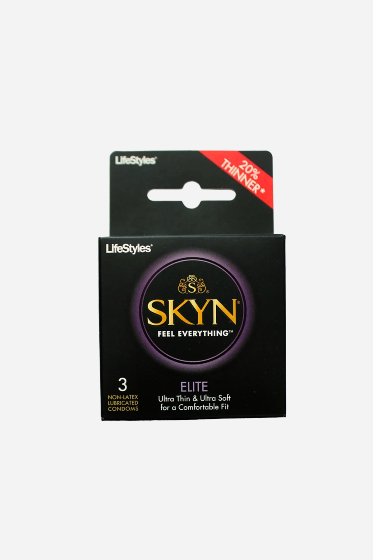 Black 3-count Skyn Elite non-latex condom box with a purple Skyn logo, a hanging tab on top and a red sash in the corner, on light grey