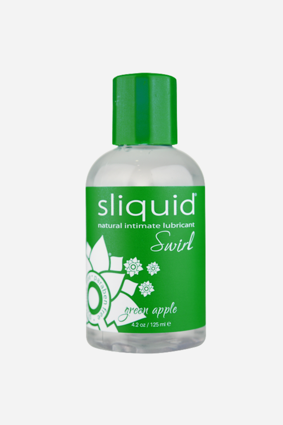 A bottle of Sliquid Naturals Swirl in Green Apple, clear liquid behind a green and white label with a bright green flip cap on top.