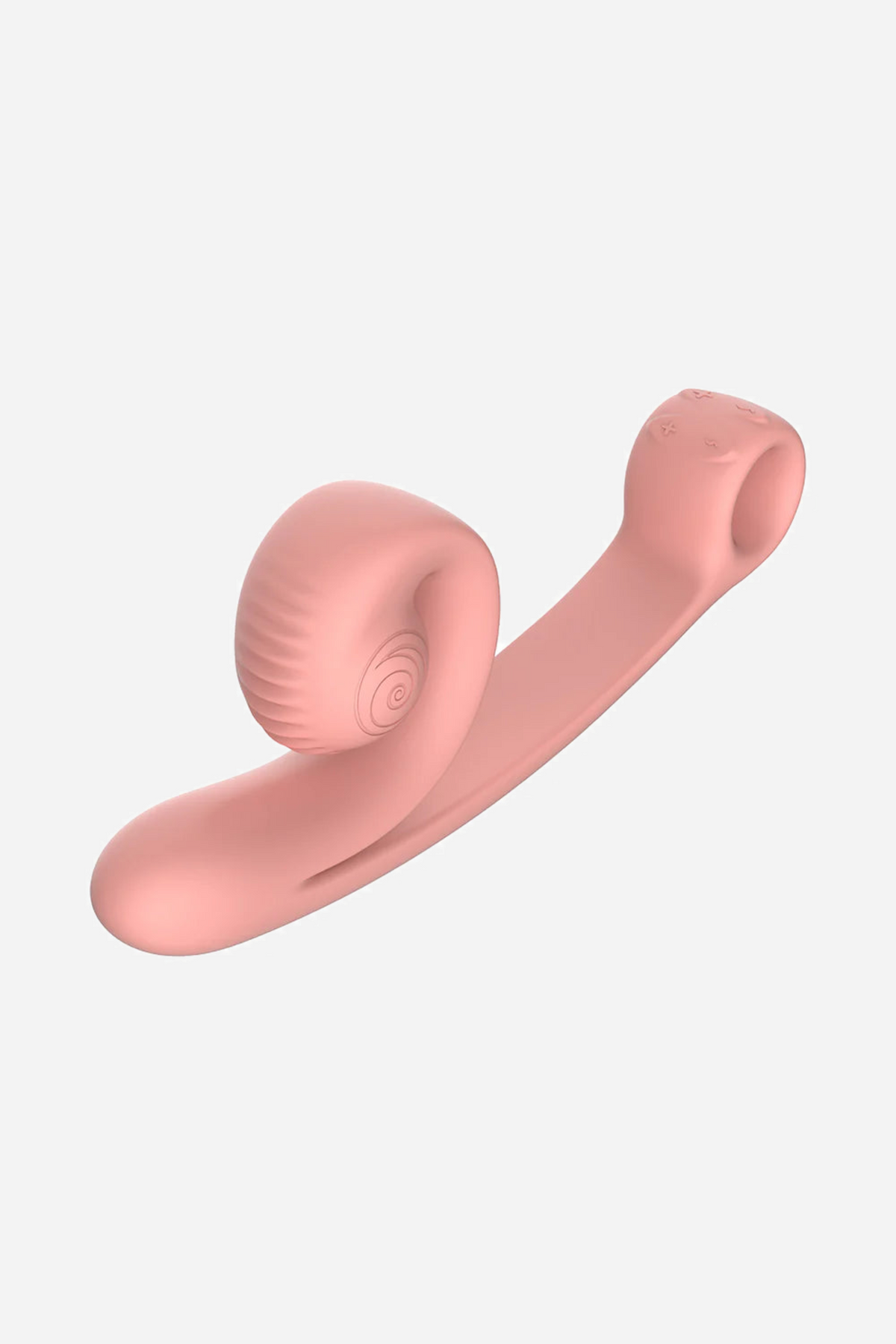 The Snail Vibe Curve in peach shown close up at an angle, with the snail shaped clitoral head sitting above the gently curved shaft