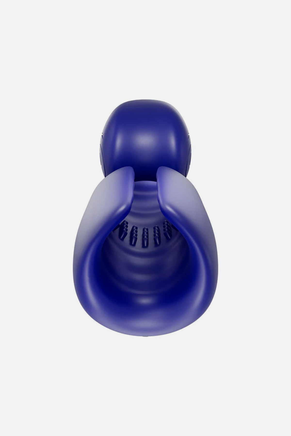 Front view of the navy Snail Vibe Evo Vibrating Stroker, showing the open sleeve, textured inner ridges and rounded snail head