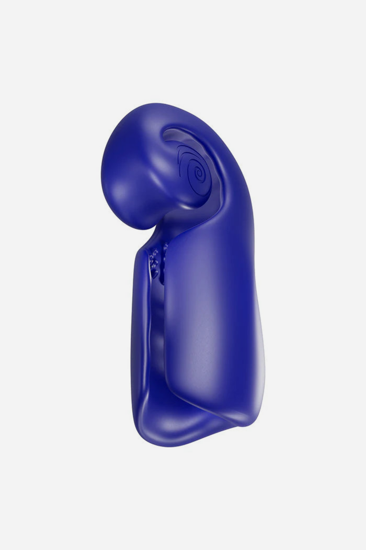 Side view of the navy Snail Vibe Evo Vibrating Stroker, showing the curved snail shell, side control buttons and slim open-top sleeve
