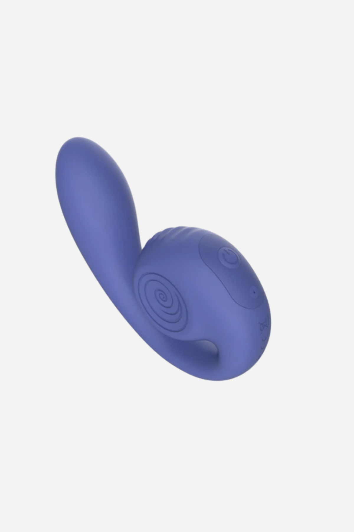 The blue Gizi Lite seen from the other side on grey, the smooth outer face of the spiral curving down into the tapered tail arm.