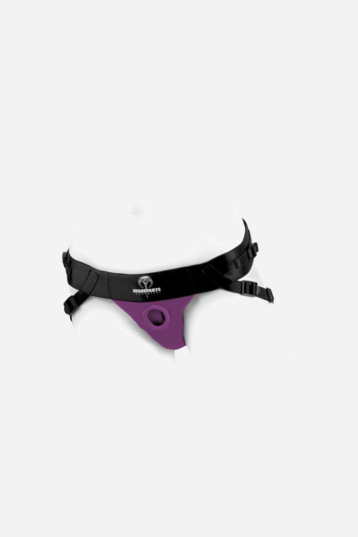 The purple SpareParts Joque harness worn on a mannequin torso, with the black adjustable waist strap and the branded front panel