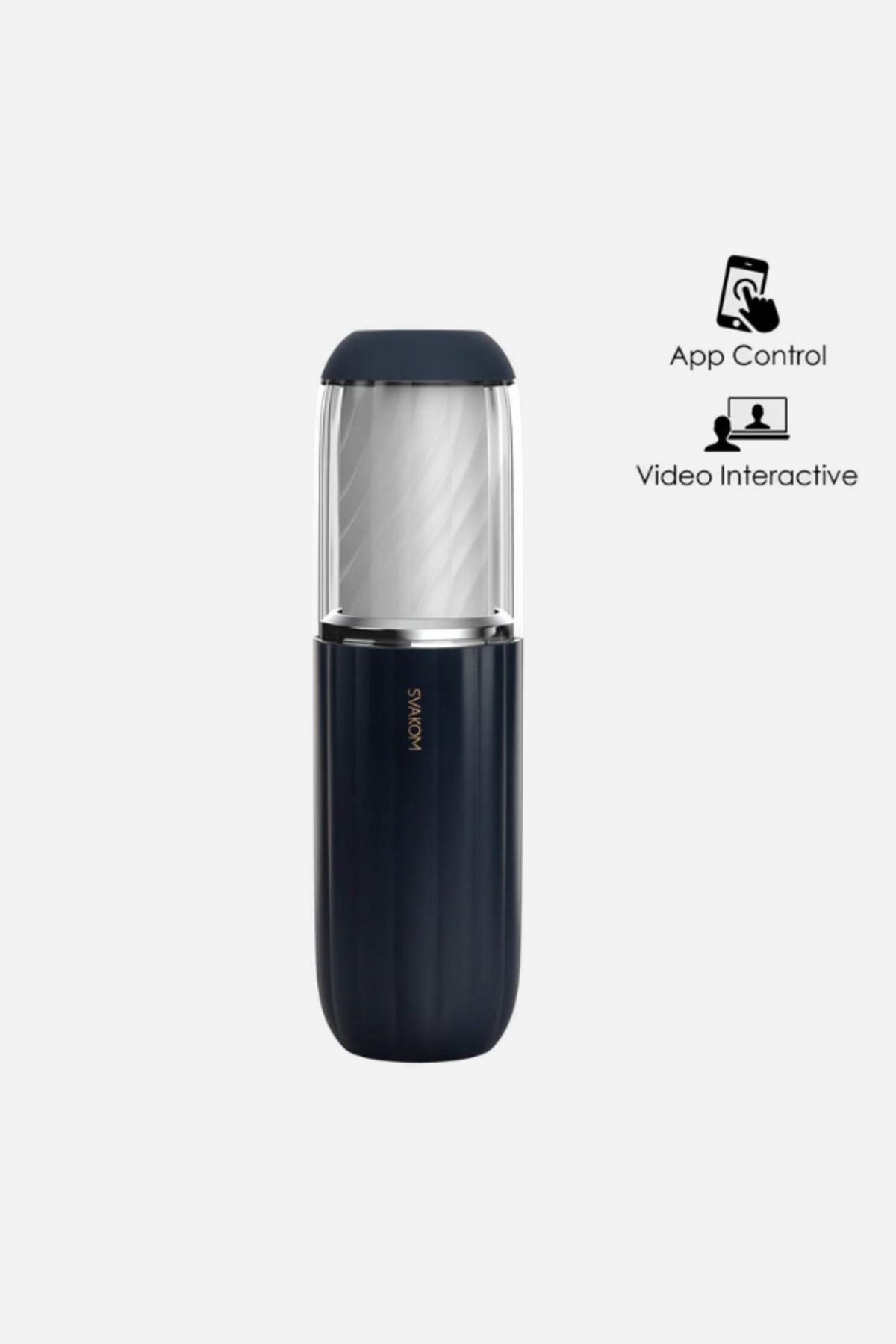 The navy Alex Neo 2 stroker beside icons for app control and video interactive features