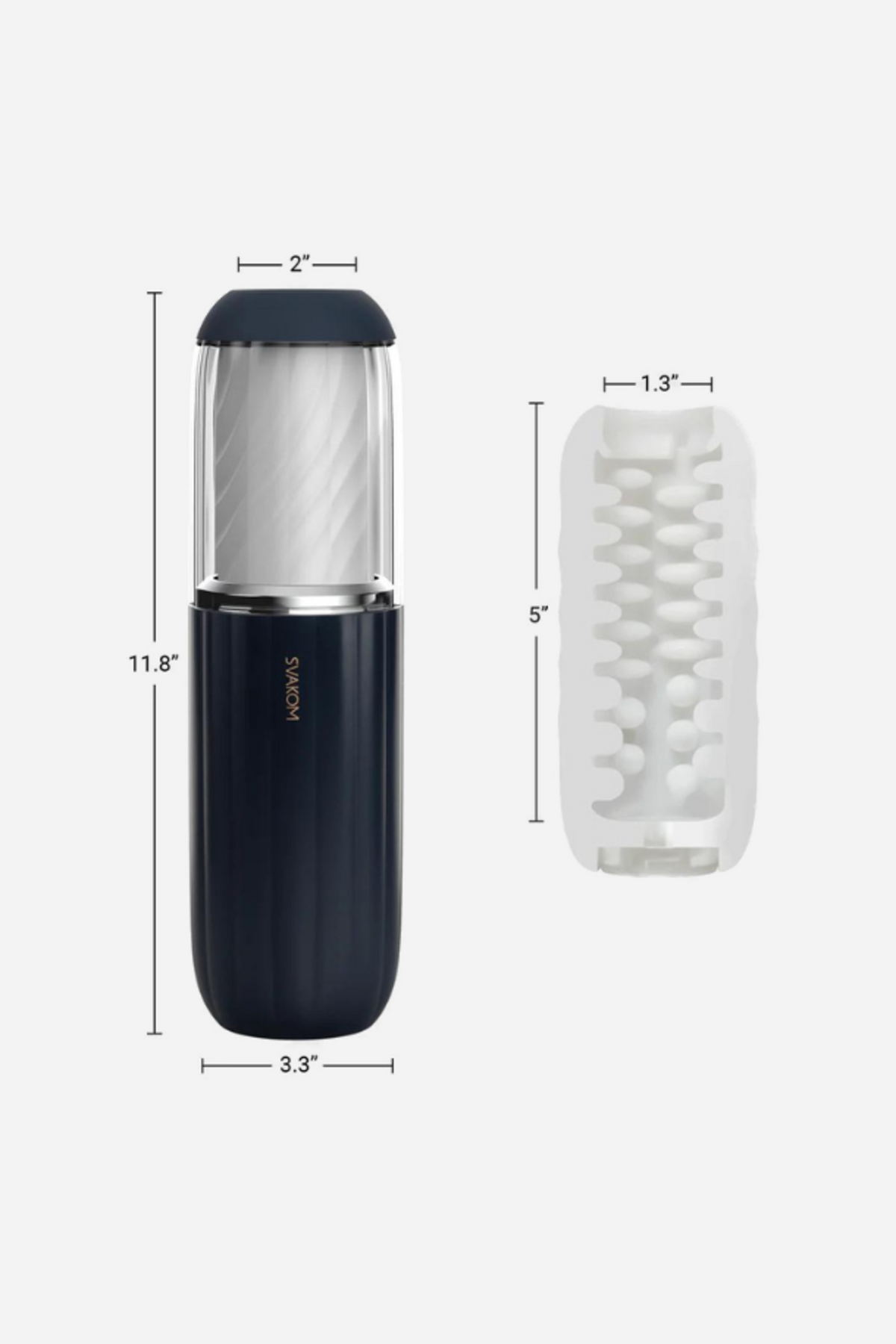 Dimension diagram of the Alex Neo 2: 11.8 inches tall, 3.3 inches wide, with its 5-inch textured white sleeve shown separately
