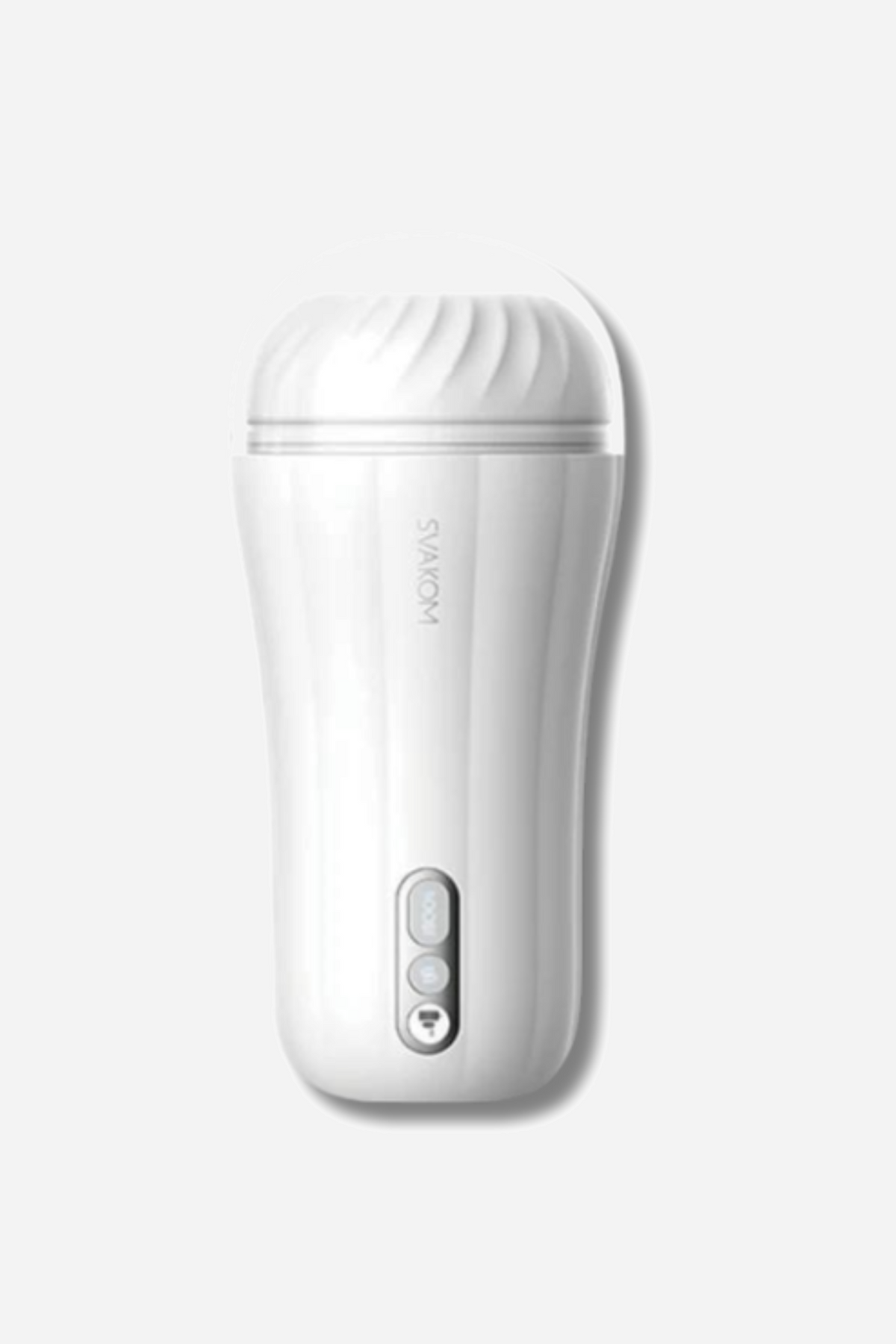 Svakom Robin Vibrating Stroker — upright white stroker with a ribbed swirled top and three control buttons