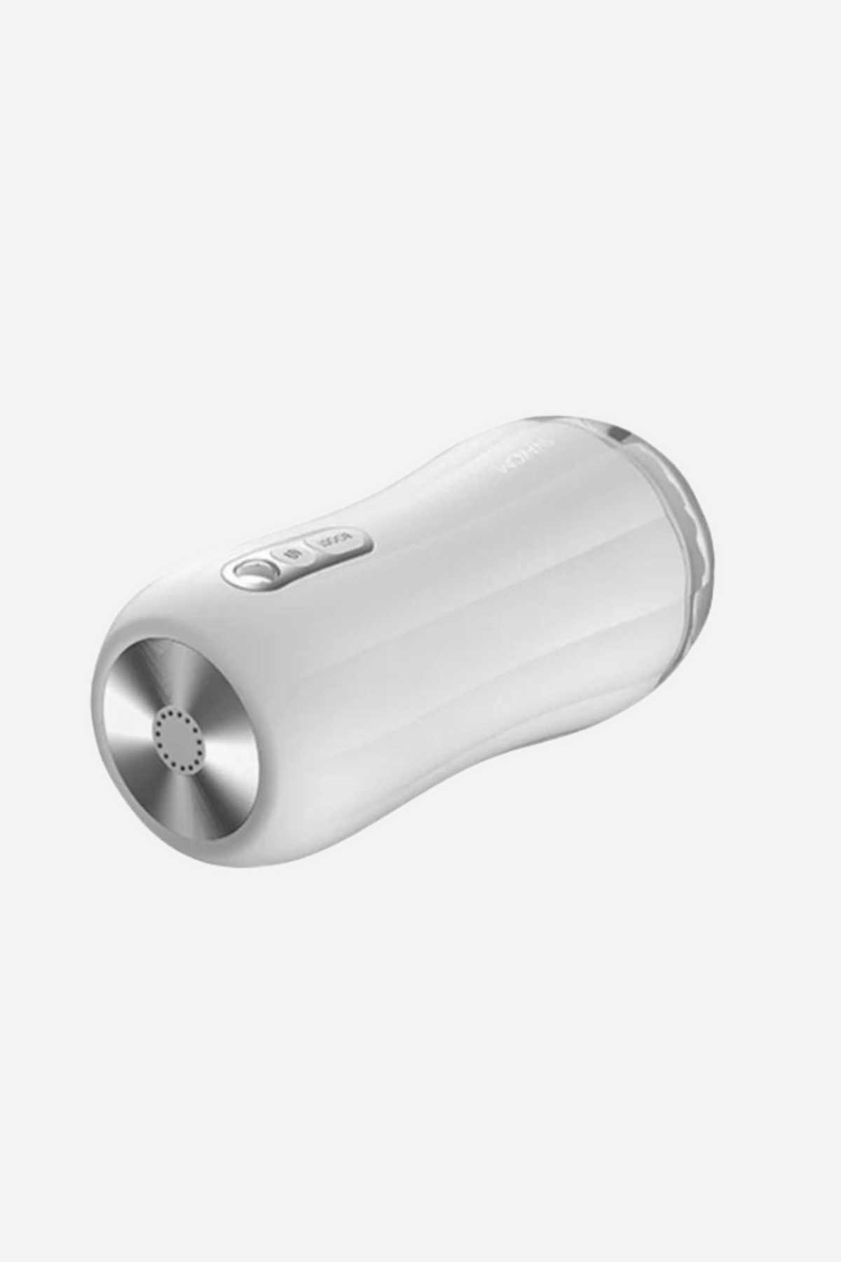 Svakom Robin Vibrating Stroker shown on its side, with the brushed metal end cap facing forward and controls on top