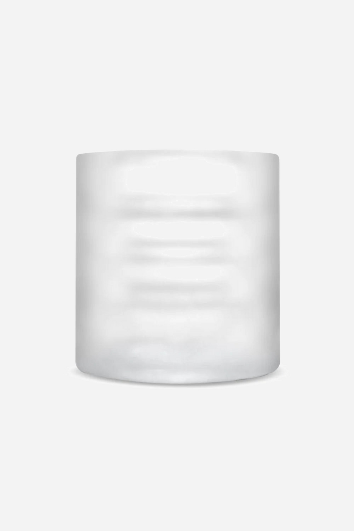 Clear ribbed stroker sleeve standing upright, showing the open end and the rows of soft ridges that run around the body of the sleeve.