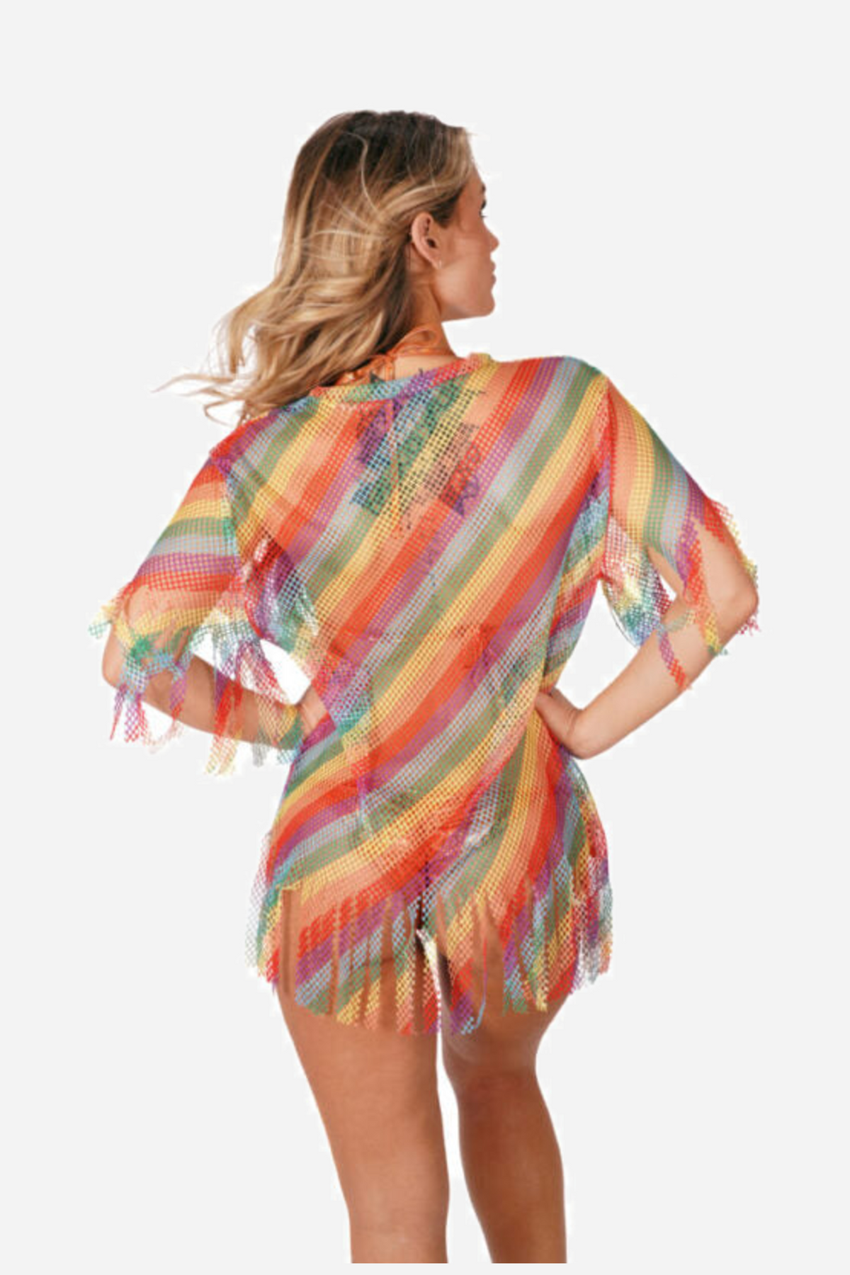 Back view of the rainbow striped mesh cover up, showing the open weave, the tassel fringe at the hem and the wide flutter sleeves