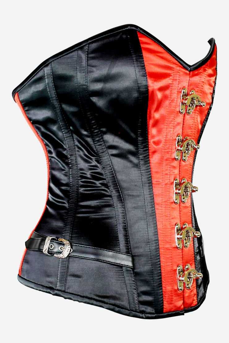 Side view of the black and red Tempest overbust corset showing its curved silhouette, silver clasps and decorative side buckle
